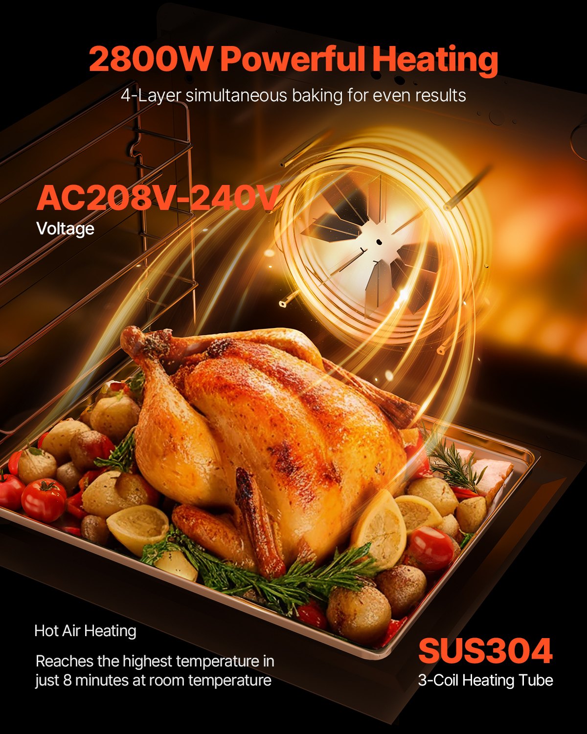 VEVOR Commercial Countertop Oven, 66L 4-Tier Toaster Ovens with Tempered Glass Door, Wire Racks & Tray, 2800W Stainless Steel Baking Ovens for Restaurant Bakery (AC208~240V,60Hz, 6-20P Plug & Output)