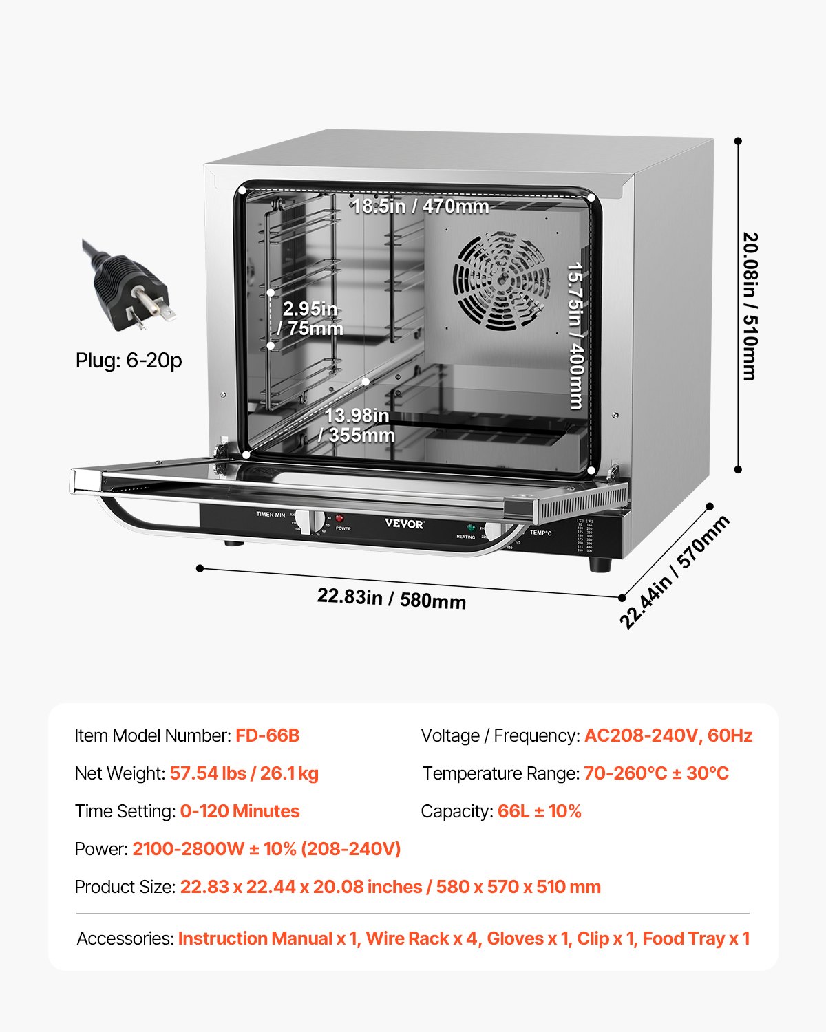 VEVOR Commercial Countertop Oven, 66L 4-Tier Toaster Ovens with Tempered Glass Door, Wire Racks & Tray, 2800W Stainless Steel Baking Ovens for Restaurant Bakery (AC208~240V,60Hz, 6-20P Plug & Output)