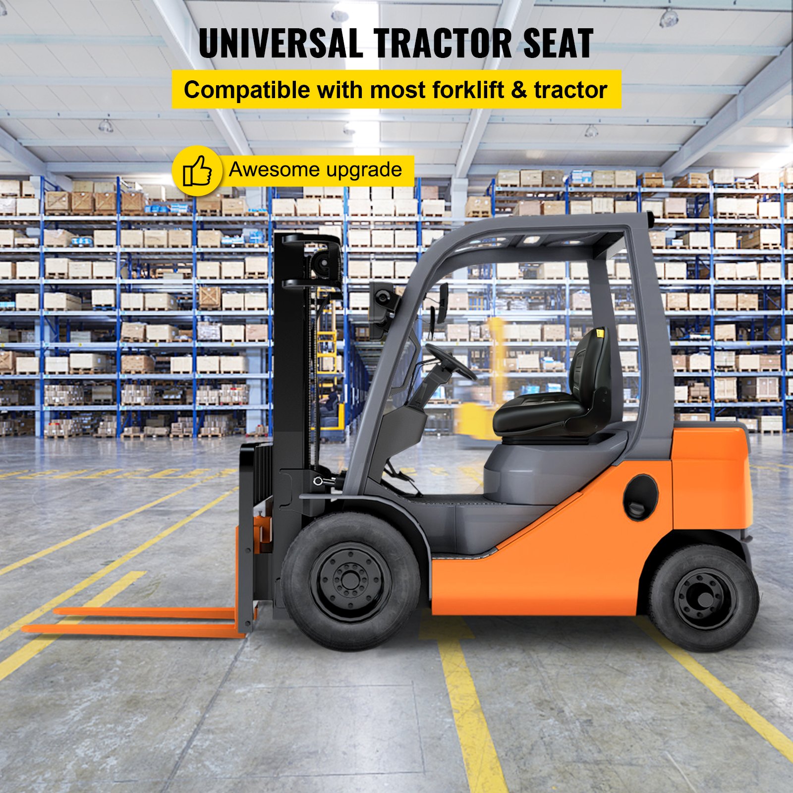 Carretilla elevadora en almacén con asiento de carretilla elevadora VEVOR con detalles de compatibilidad.