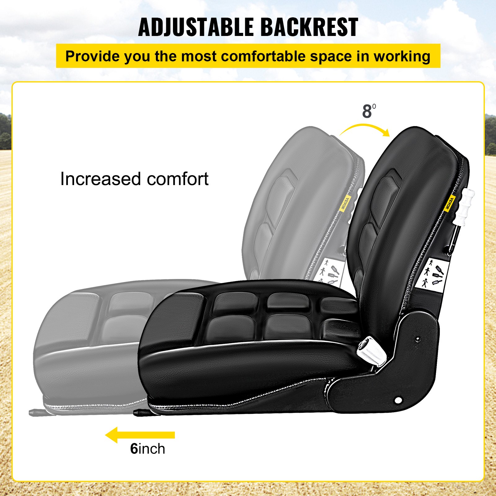 Asiento para carretilla elevadora VEVOR con respaldo ajustable de 8° y características de mayor comodidad de 6 pulgadas.
