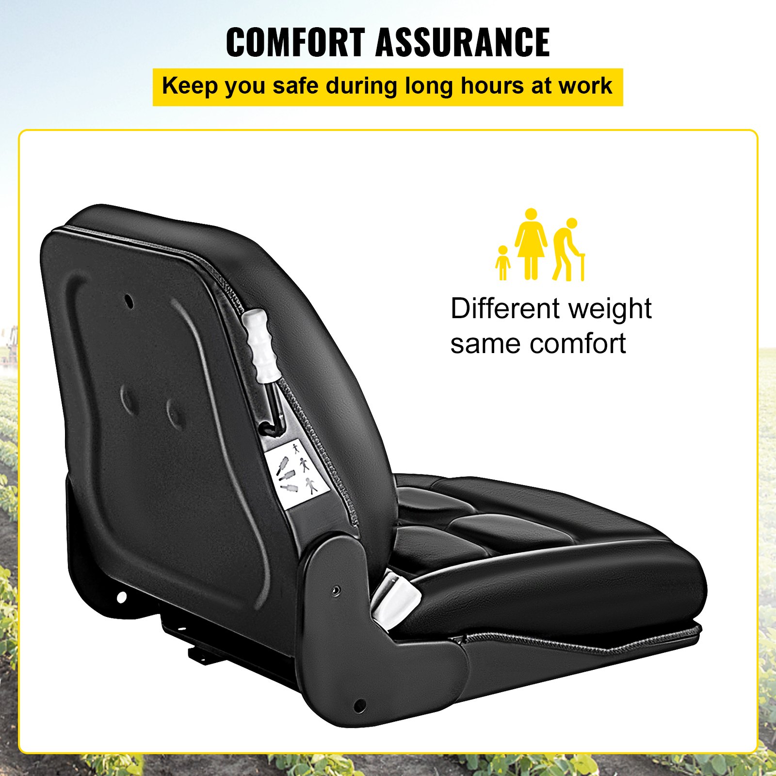El asiento de carretilla elevadora VEVOR garantiza comodidad y seguridad con su diseño ergonómico.