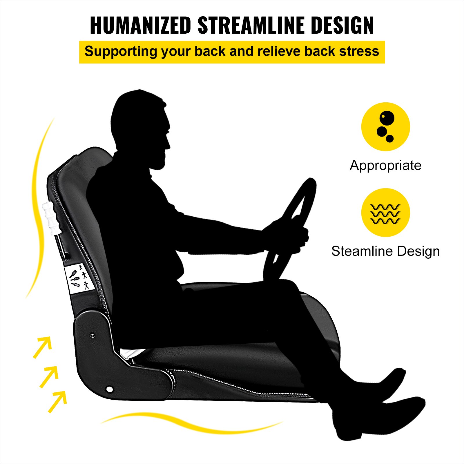 Asiento de carretilla elevadora VEVOR con diseño ergonómico aerodinámico para brindar apoyo a la espalda y aliviar el estrés.
