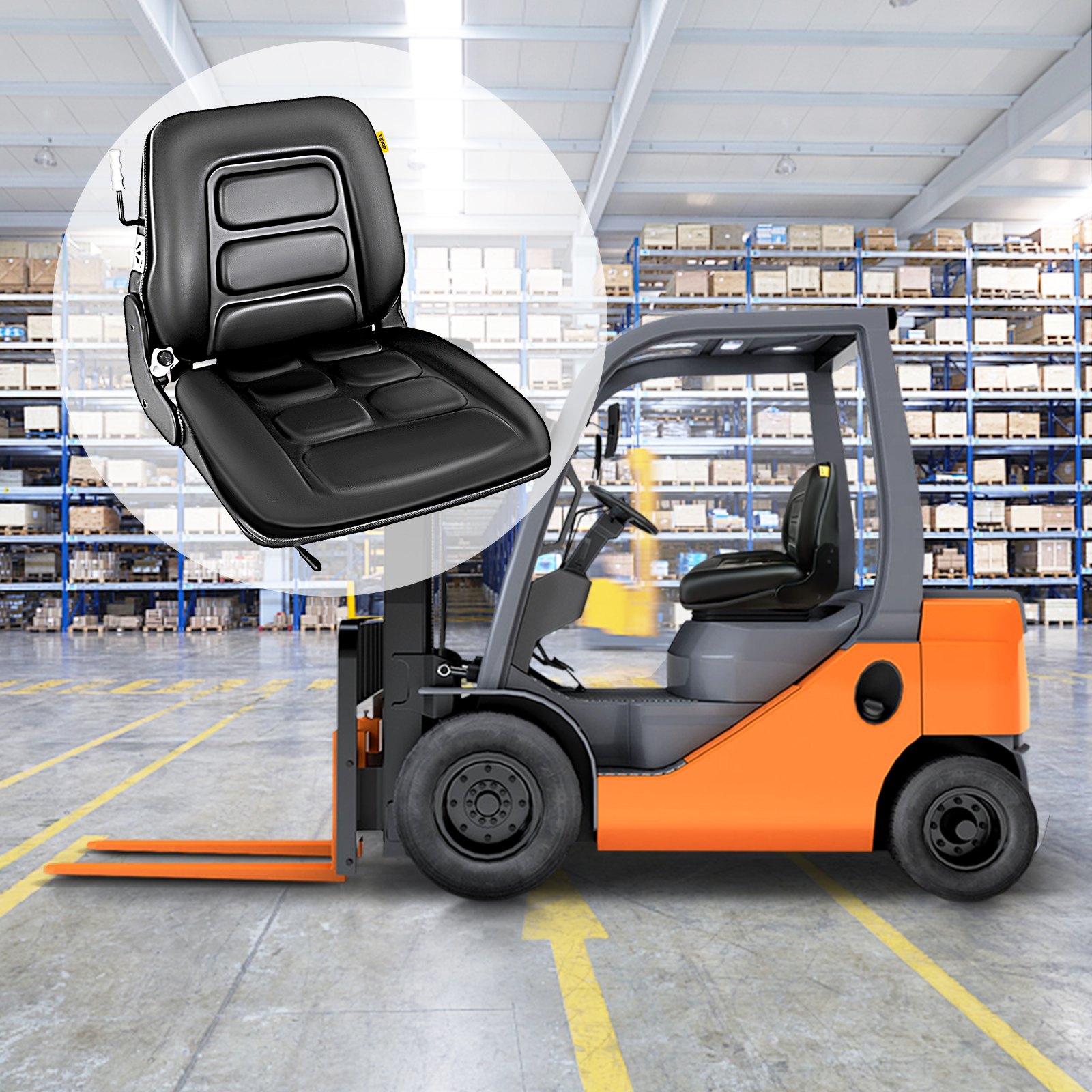 Asiento de carretilla elevadora VEVOR en una carretilla elevadora de almacén, destacando el diseño ergonómico y la comodidad.