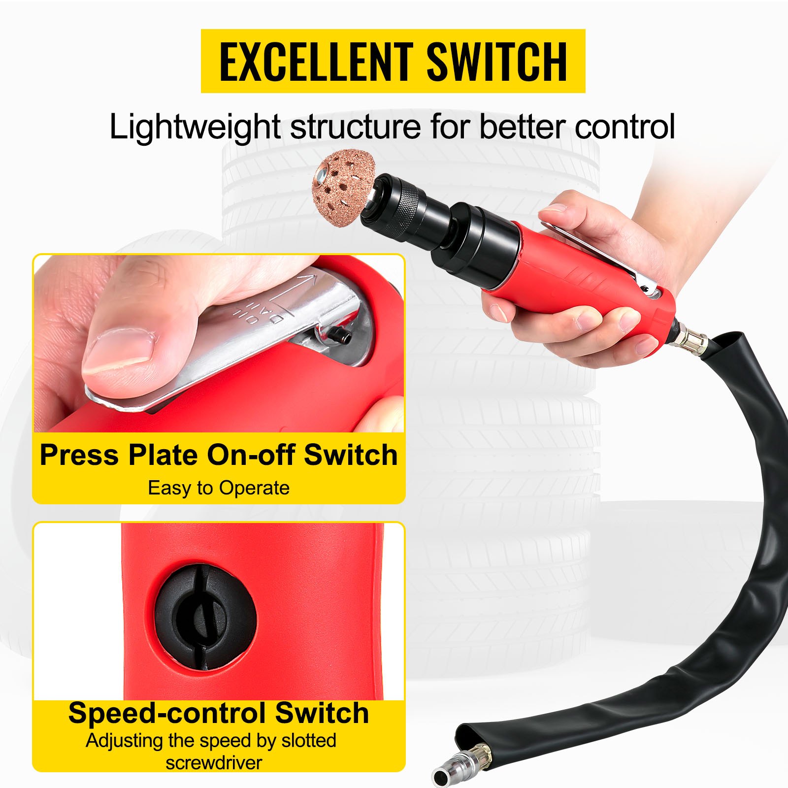 Pulidor de neumáticos VEVOR Air, pulidor de neumáticos de baja velocidad de 2500 rpm, herramienta de pulido neumático de 35 mm, amoladora de neumáticos de velocidad variable con manguera flexible, rueda pulidora de reparación de neumáticos para limpieza, escariado y perforación del revestimiento interior