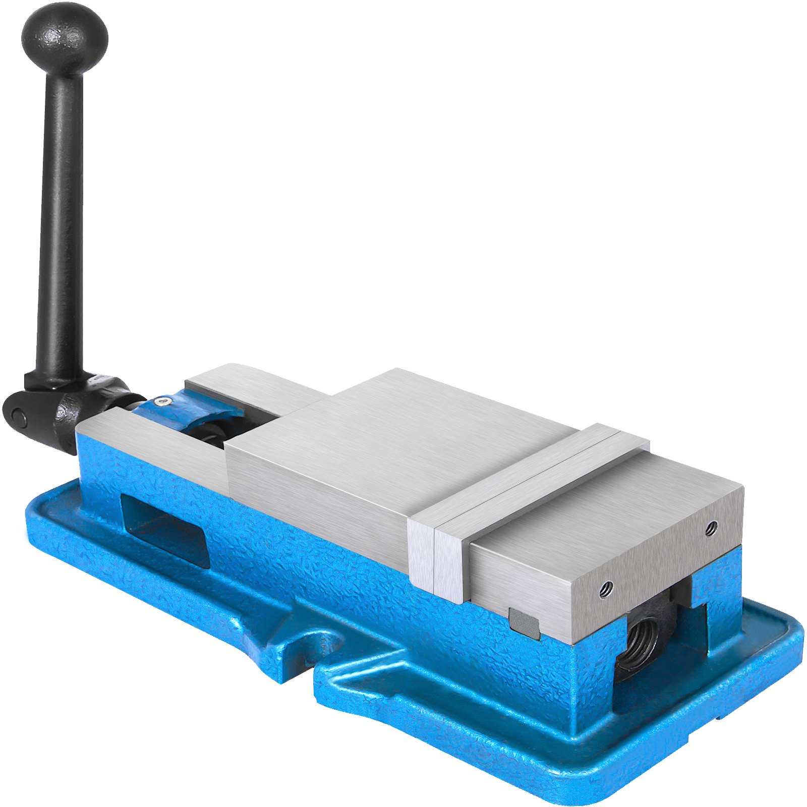 Tornillo de banco para fresadora VEVOR azul con mango negro y mordazas de acero.
