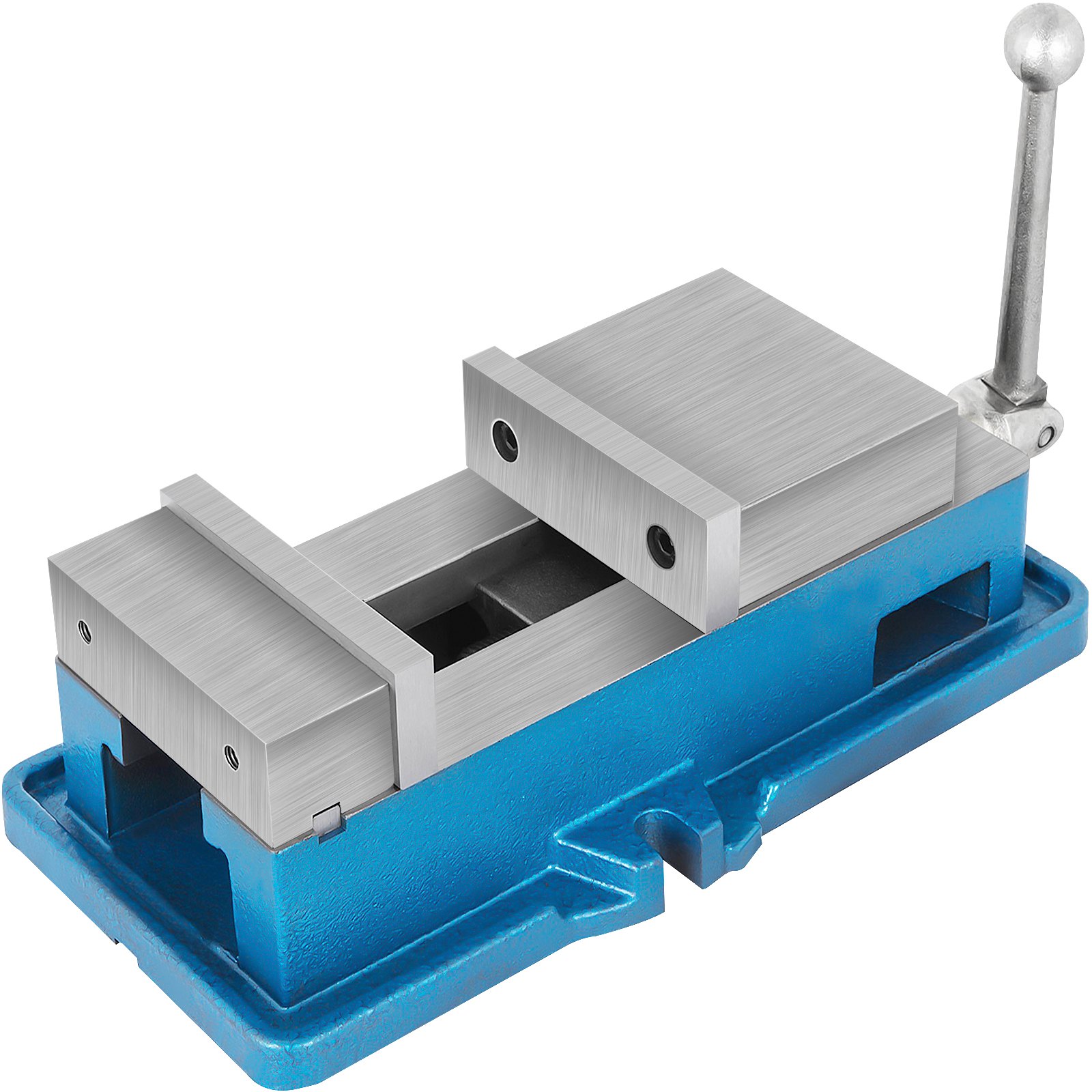 Tornillo de banco para fresadora VEVOR azul con mango de metal resistente y mordazas precisas.