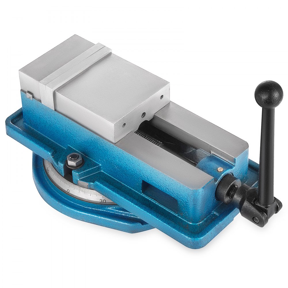 Tornillo de banco para fresadora VEVOR azul y plateado con mango y escala.