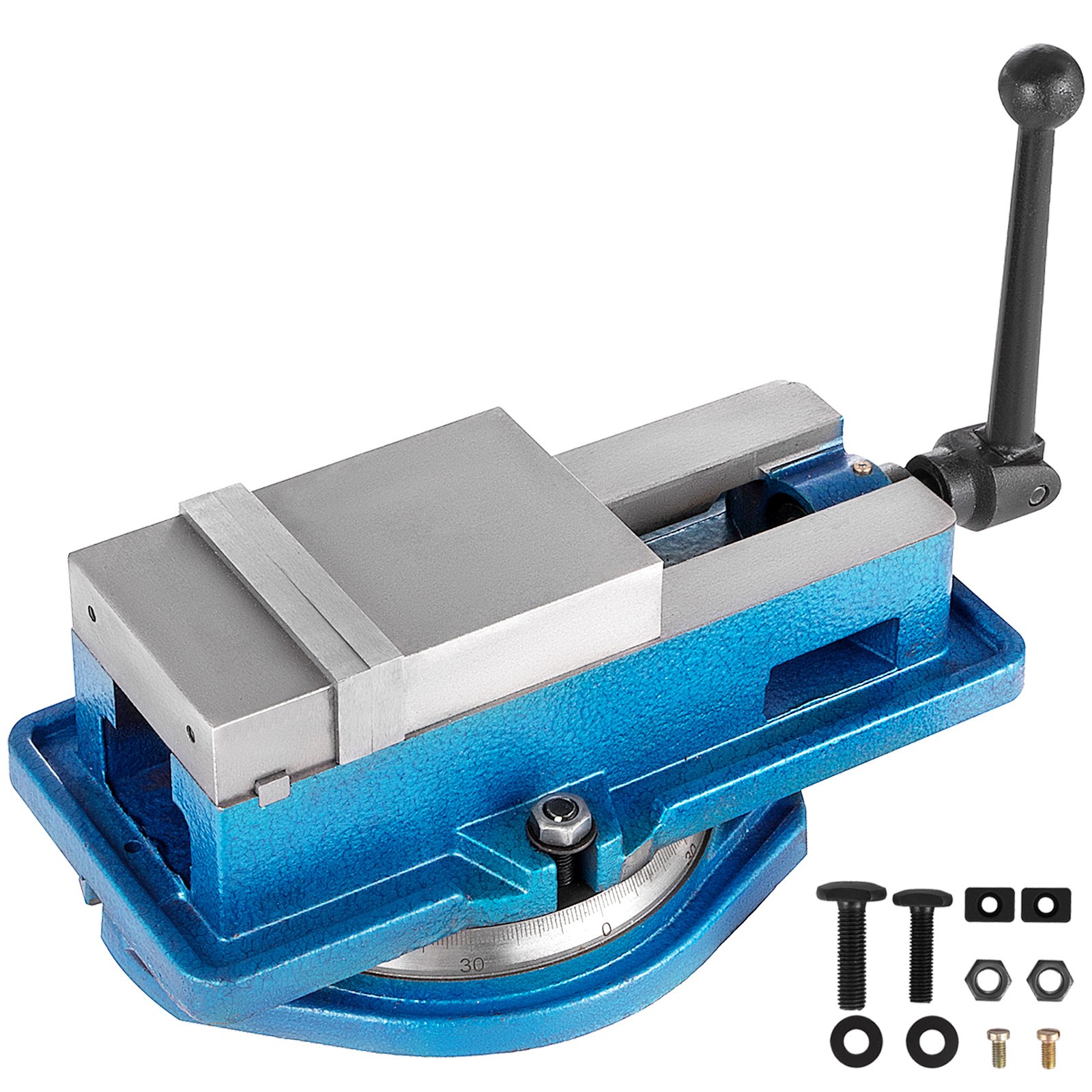 Tornillo de banco para fresadora VEVOR azul con mango y tornillos surtidos sobre fondo blanco.