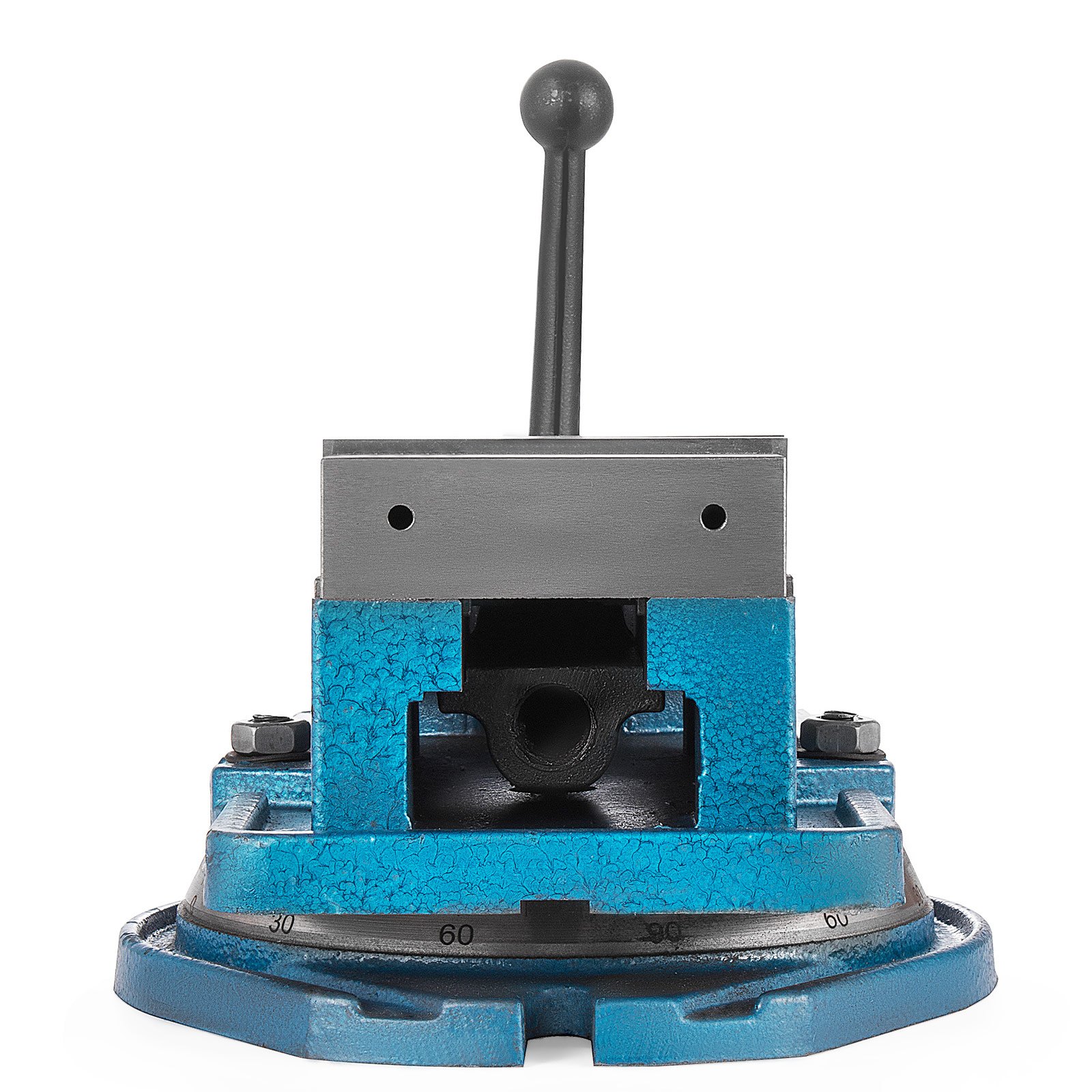 Tornillo de banco para fresadora VEVOR azul con base giratoria y mango de acero.