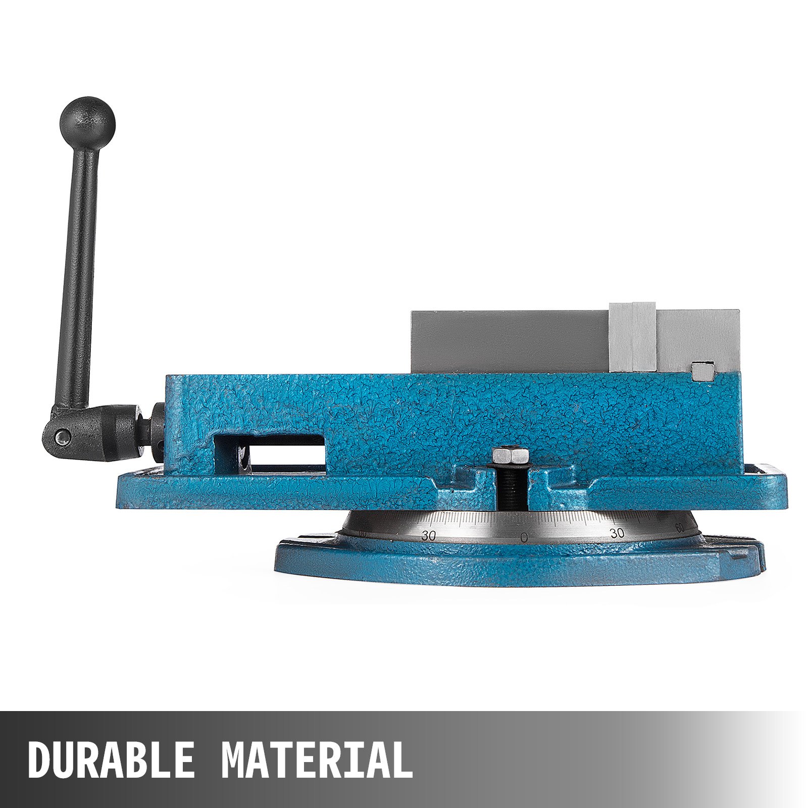 Tornillo de banco para fresadora VEVOR con material azul duradero y base giratoria.