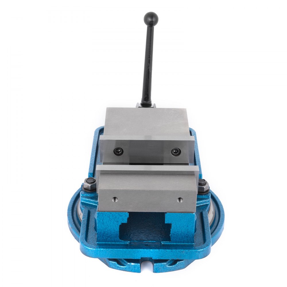Tornillo de banco para fresadora VEVOR con base azul y mango negro, vista frontal.