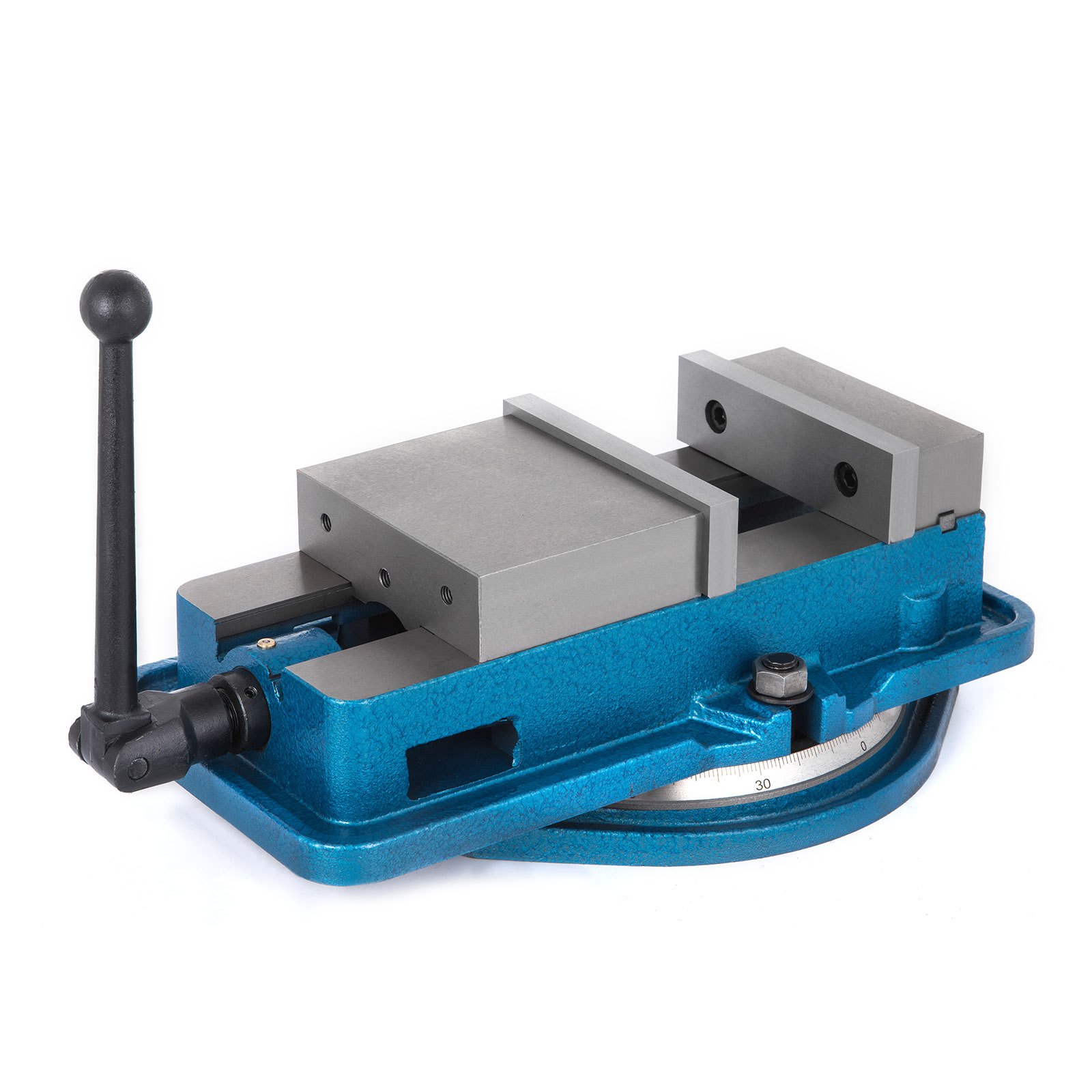 Tornillo de banco para fresadora VEVOR con base giratoria en color azul, equipado con mango de precisión.