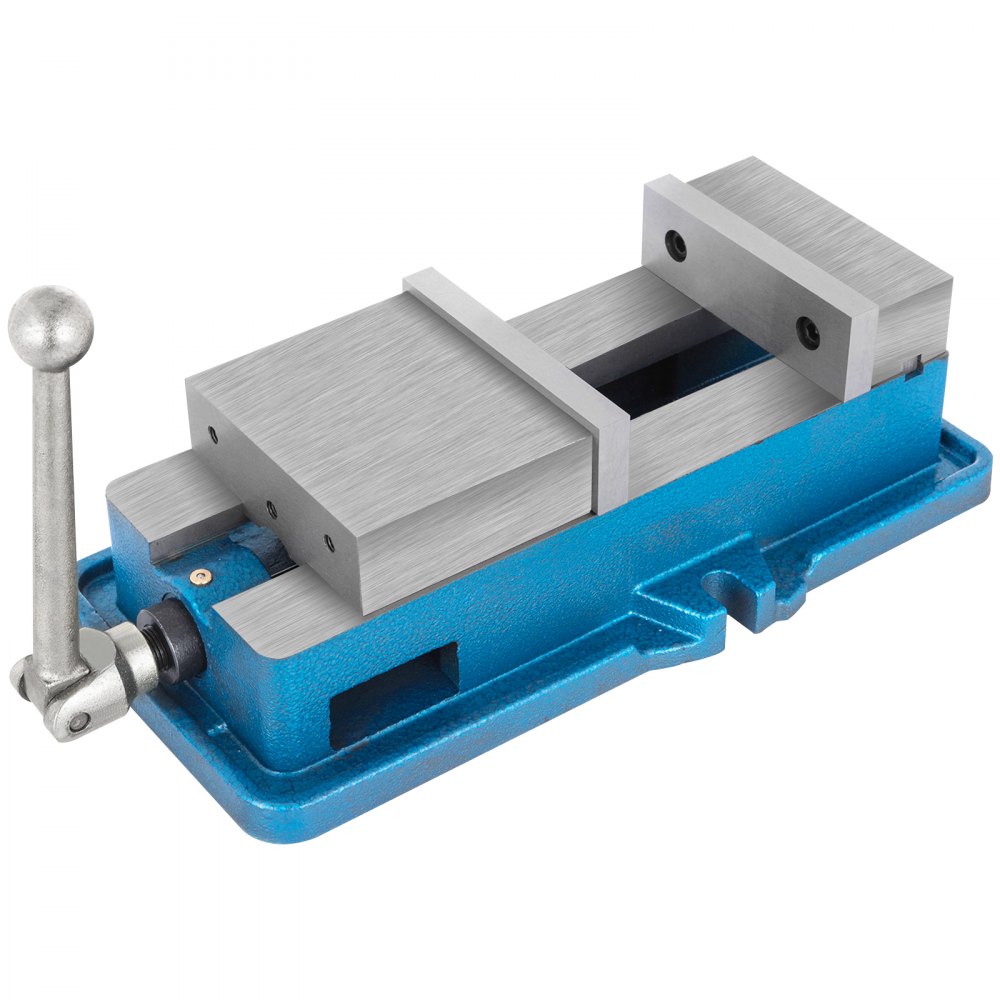 Tornillo de banco cnc VEVOR, mordazas metálicas, base de hierro fundido azul, mango ajustable en el lateral.