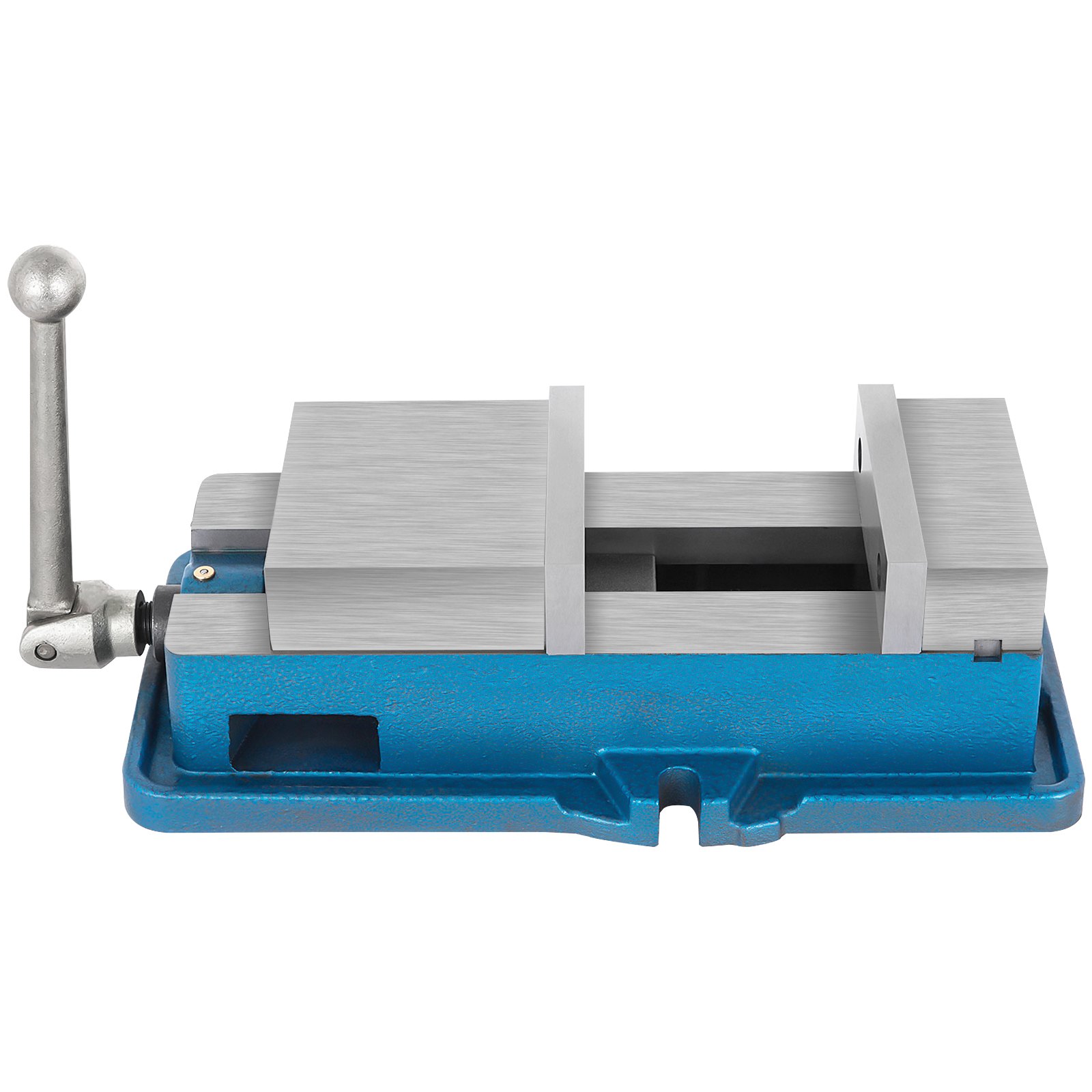 Tornillo de banco CNC VEVOR azul con mango largo y mordazas plateadas.