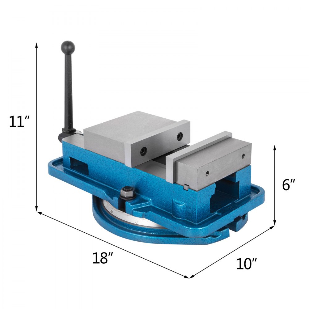 Tornillo de banco para fresadora VEVOR en color azul, 18x10x11, con medidas precisas mostradas.