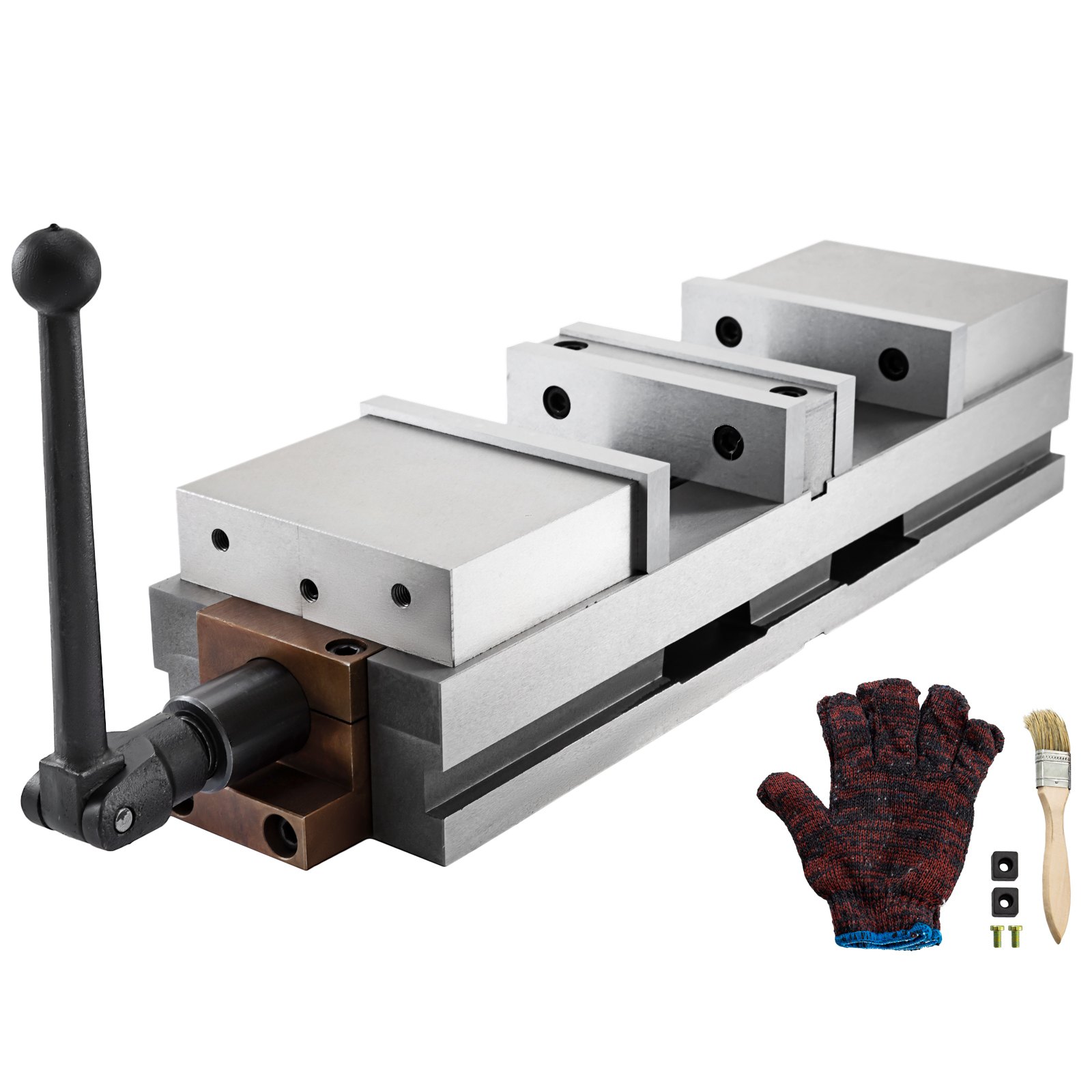 Tornillo de banco doble cnc VEVOR con mango, guante, cepillo y pequeños accesorios.