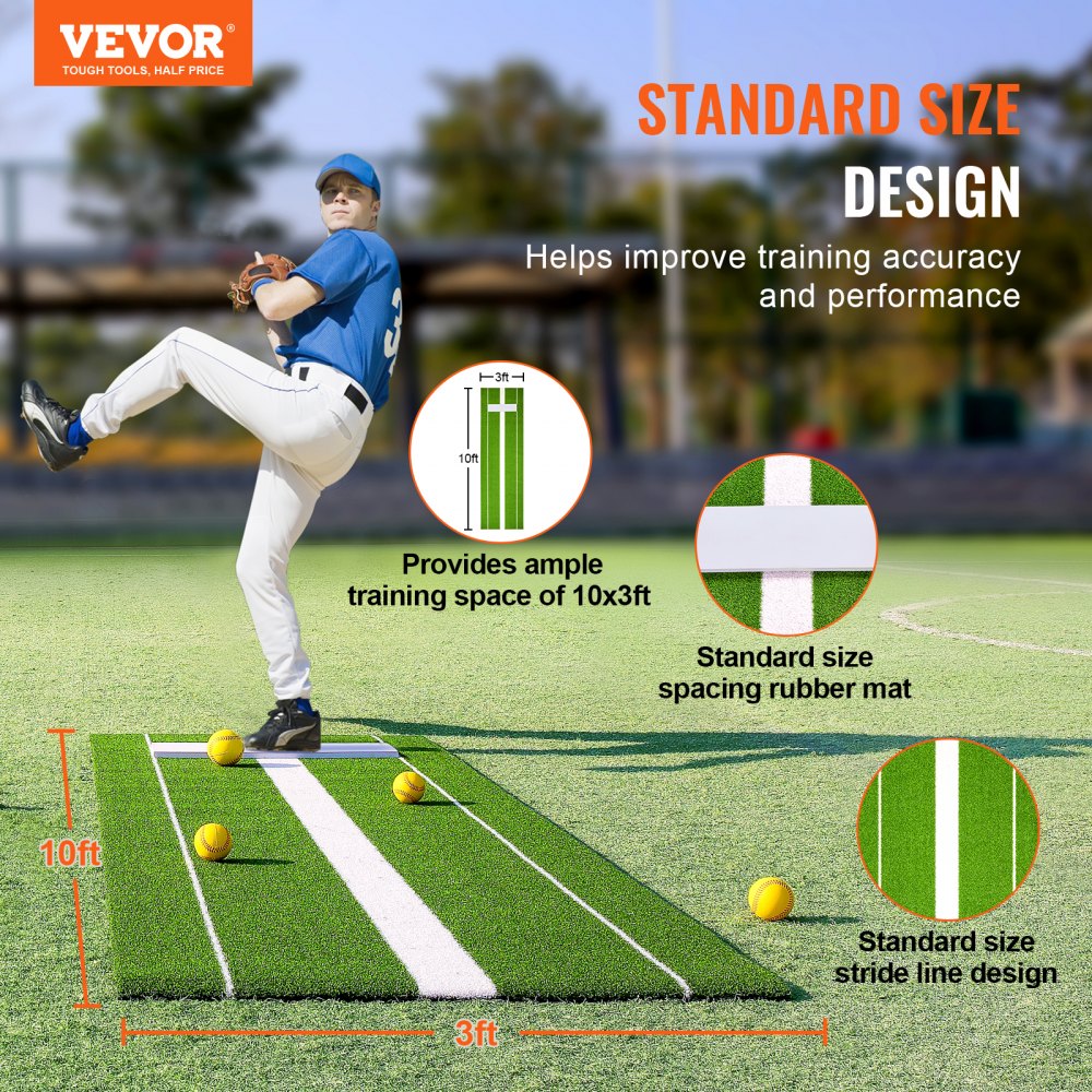 Alfombrilla de lanzamiento de softbol VEVOR que proporciona un espacio de entrenamiento de 10 x 3 pies con alfombrilla de goma con espaciado de tamaño estándar.