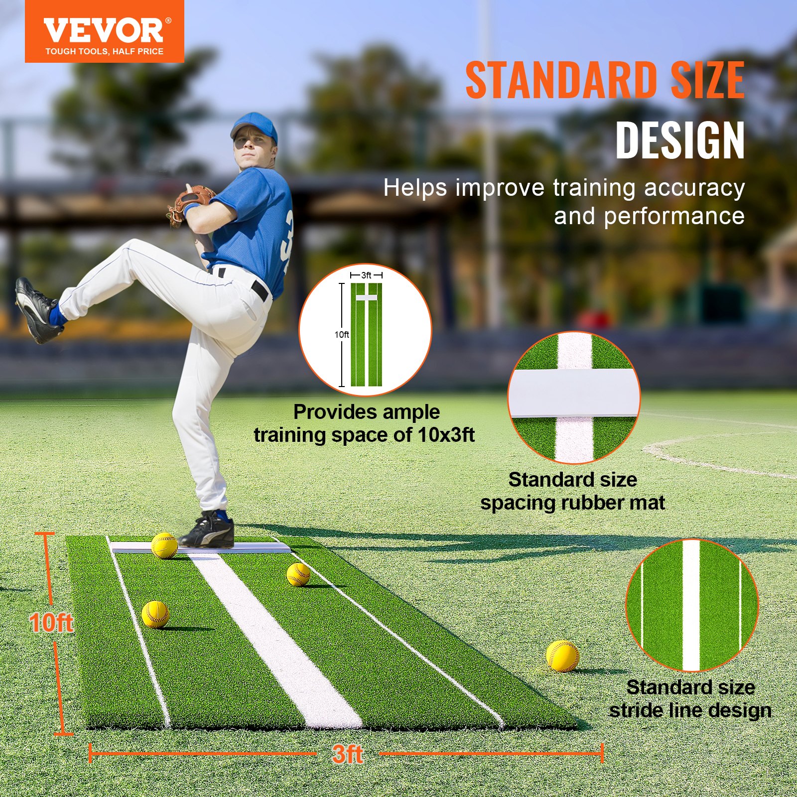 Alfombrilla de lanzamiento de softbol VEVOR que proporciona un espacio de entrenamiento de 10 x 3 pies con alfombrilla de goma con espaciado de tamaño estándar.