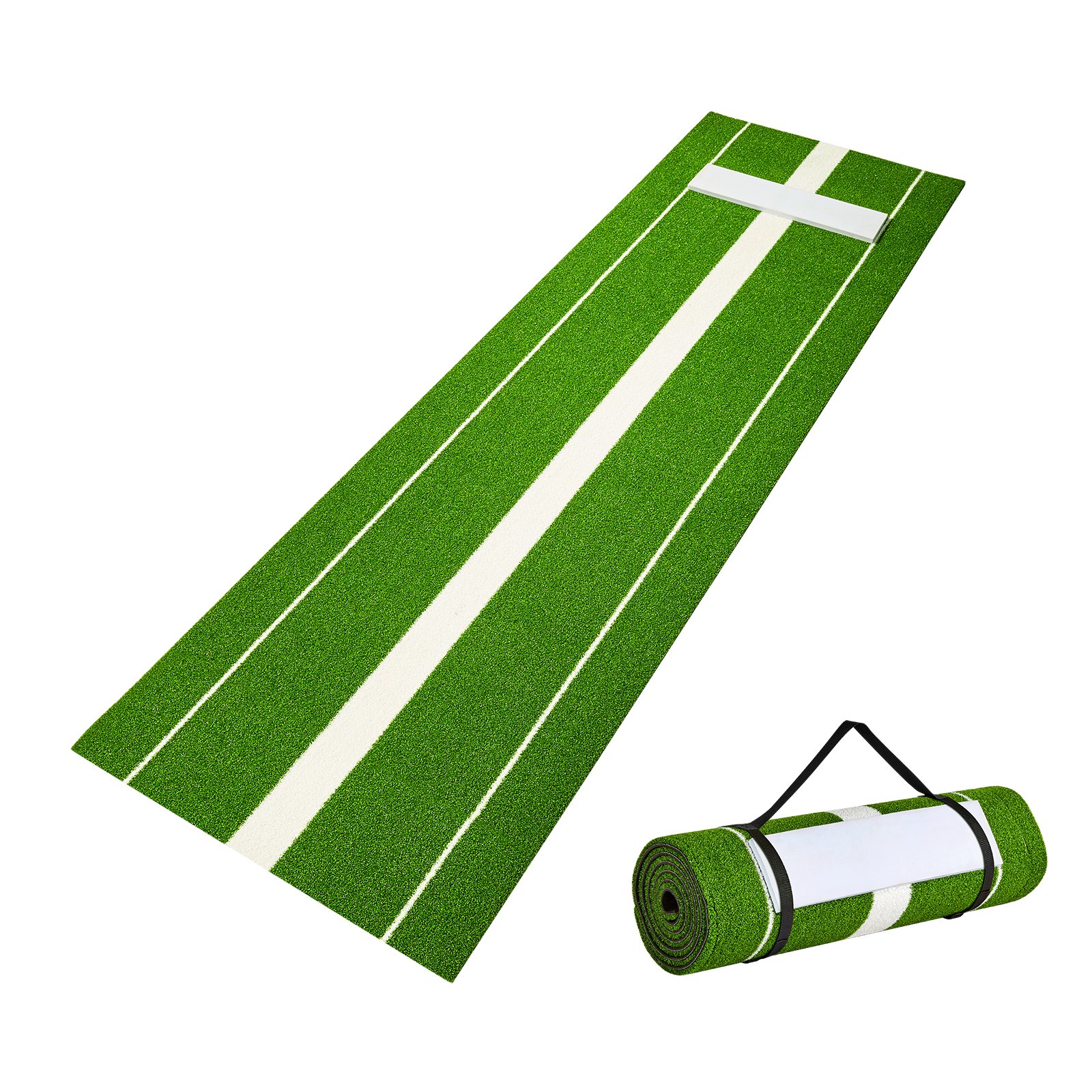 alfombra de entrenamiento verde con línea blanca enrollada y desplegada, VEVOR.