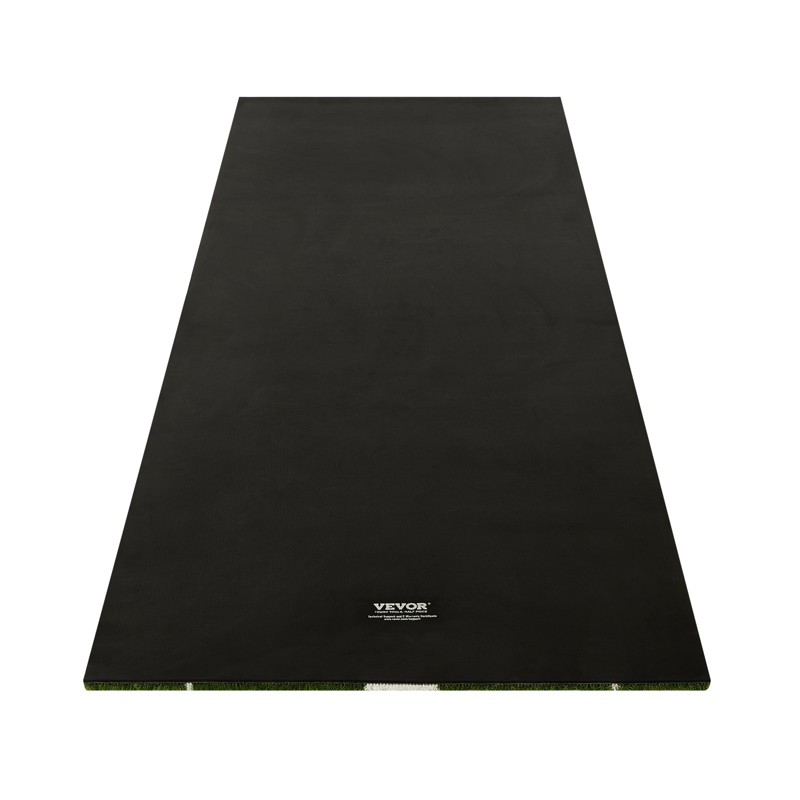 Alfombrilla de lanzamiento de softbol VEVOR con borde verde, superficie negra y costuras blancas visibles.
