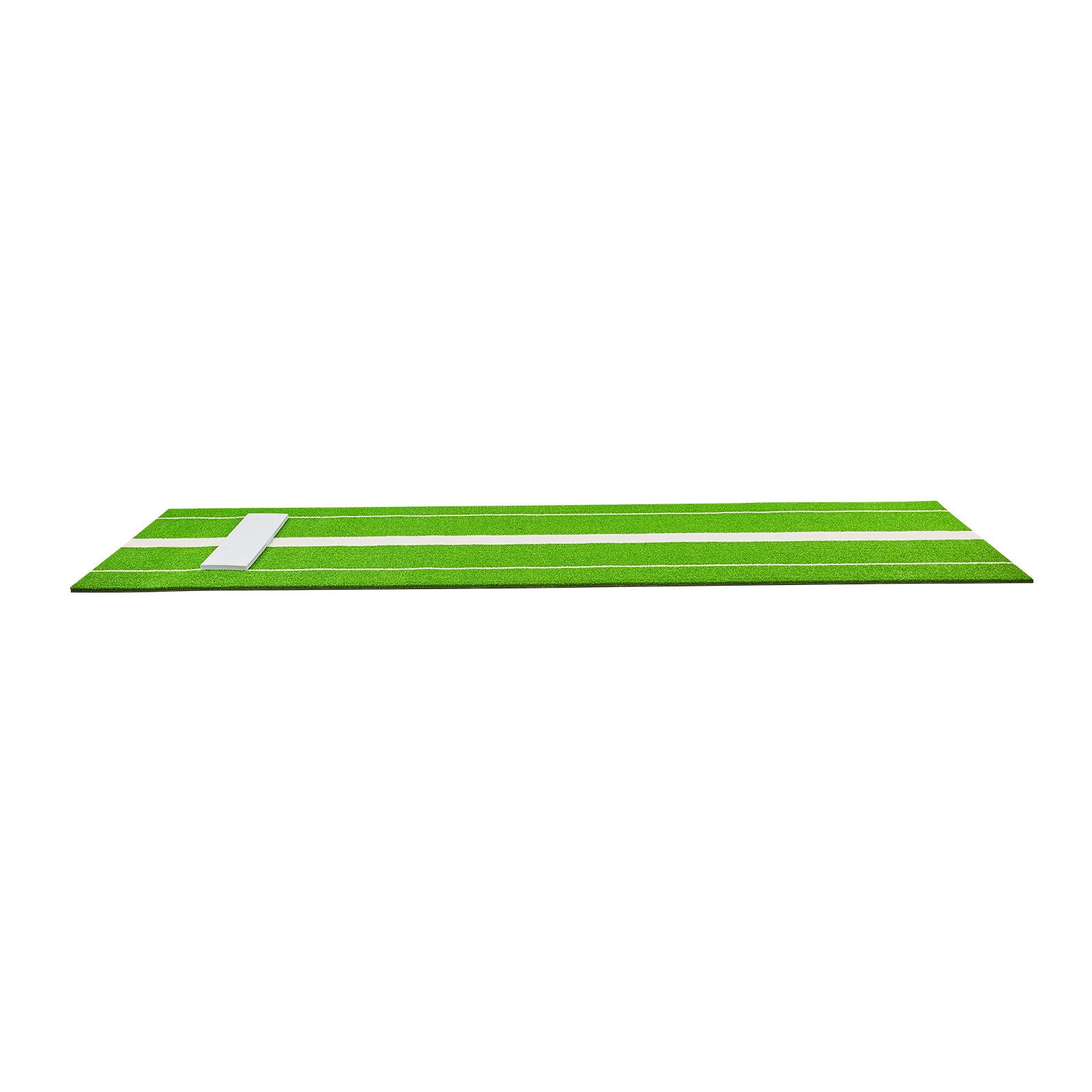 Alfombrilla de lanzamiento de softbol VEVOR verde con goma de lanzador blanca y líneas de alineación sobre fondo blanco.