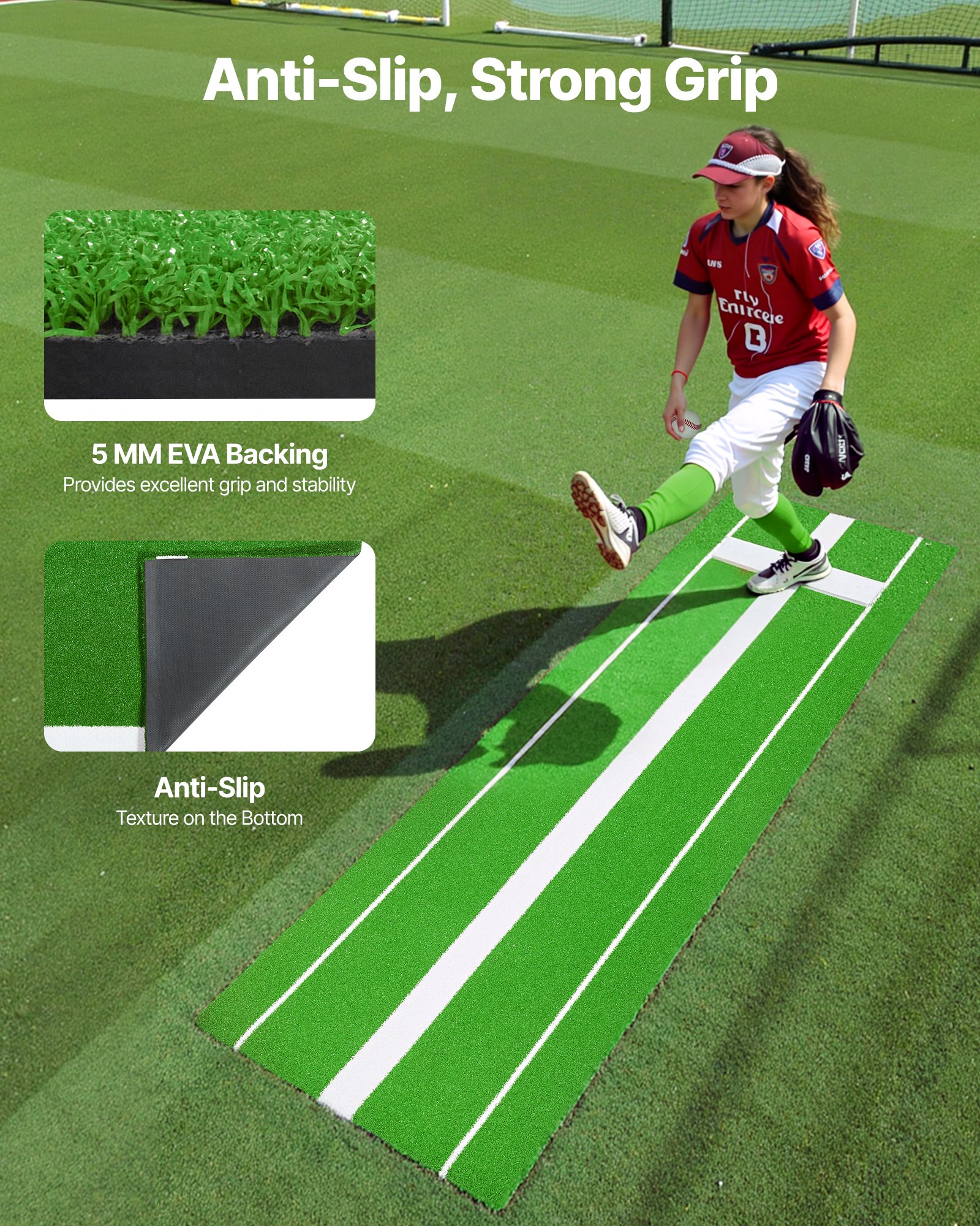 VEVOR Tapete de lanzamiento de softbol, ​​montículo de lanzamiento de softbol de 10' x 3', antideslizante, ayuda para entrenamiento de lanzamiento de softbol, ​​tapete de práctica de lanzamiento para lanzadores, práctica de lanzamiento en interiores y exteriores, verde