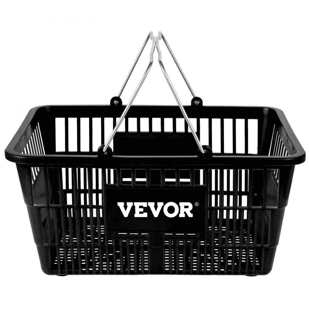 Cesta de la compra VEVOR de color negro con asas metálicas y diseño rectangular, presenta un logotipo en la parte delantera.