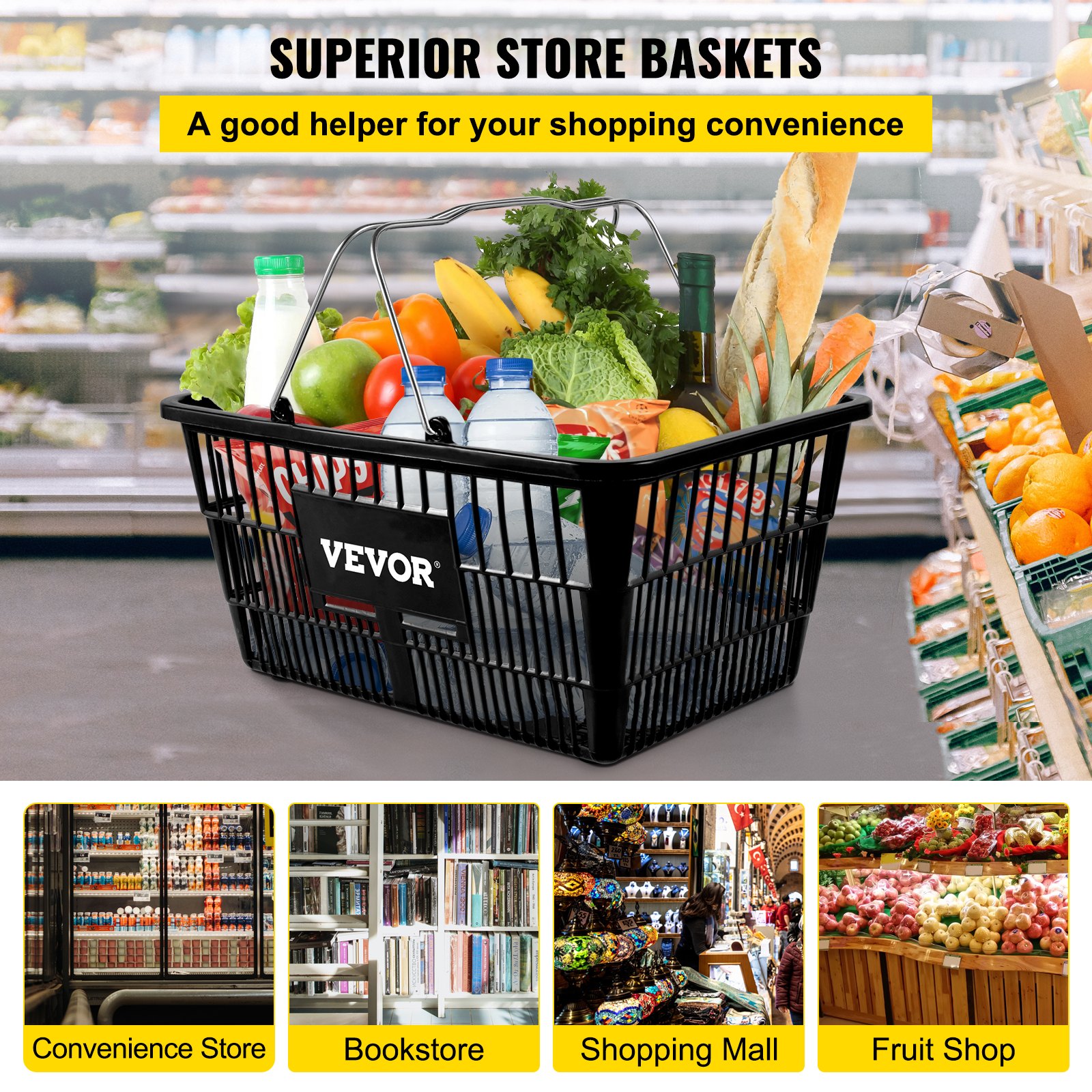 Cesta de compras VEVOR con comestibles, que promueve la conveniencia para tiendas como centros comerciales y fruterías.