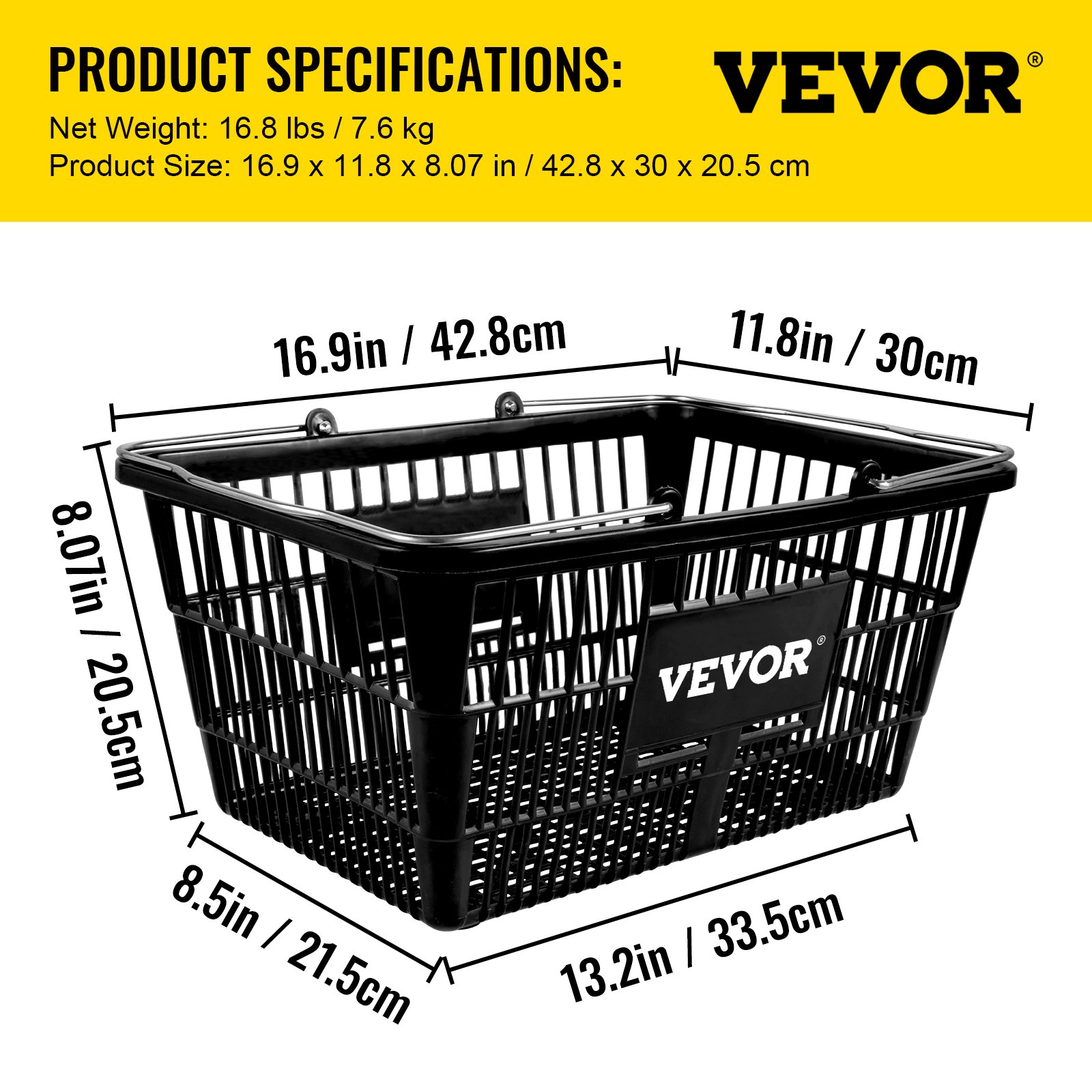 Dimensiones y peso de la cesta de la compra VEVOR: 16,9 x 11,8 x 8,07 pulgadas, 16,8 libras.