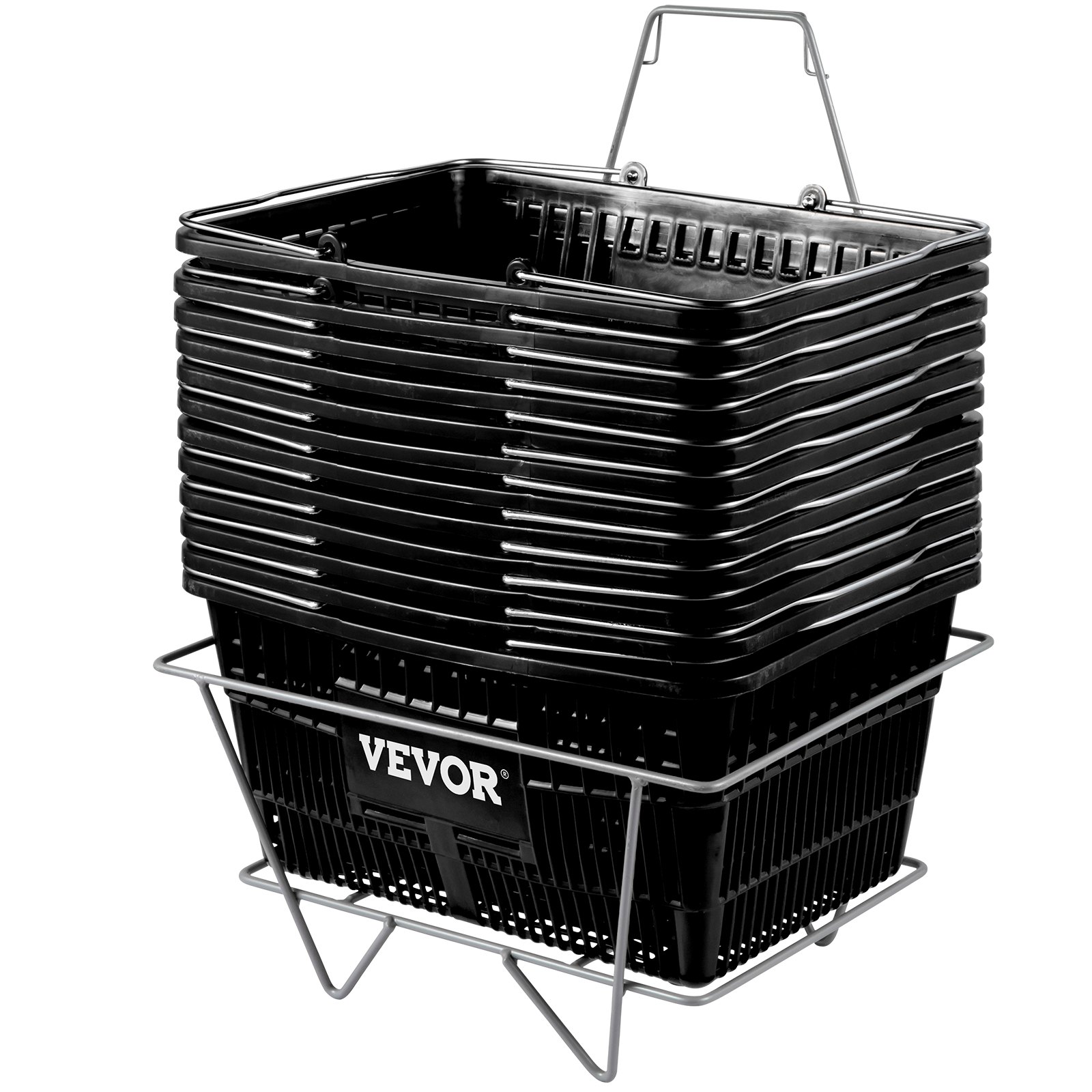 pila de cestas de compra negras VEVOR en un soporte de metal.