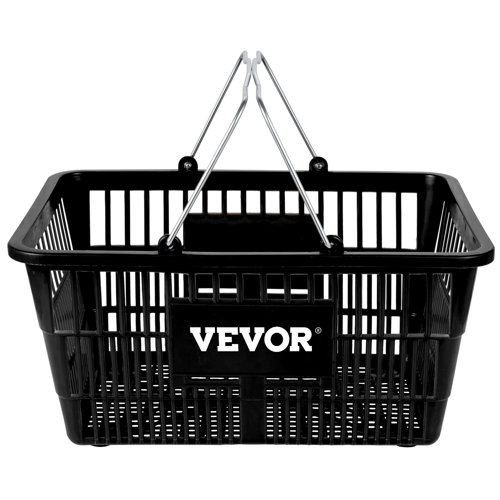 Cesta de la compra VEVOR de color negro con asas metálicas y diseño rectangular, presenta un logotipo en la parte delantera.