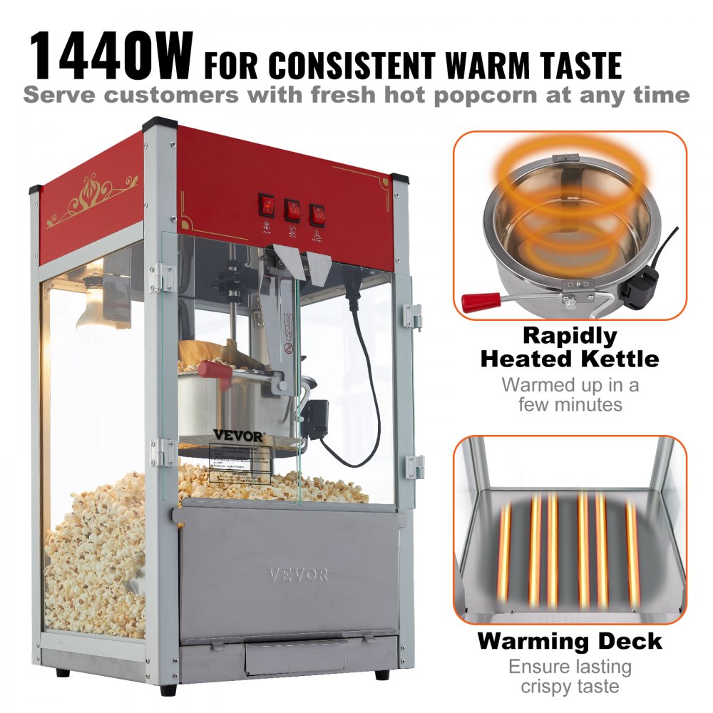 Máquina para hacer palomitas de maíz VEVOR con 1440 W de potencia, hervidor calentado y plataforma de calentamiento para palomitas de maíz frescas y calientes.