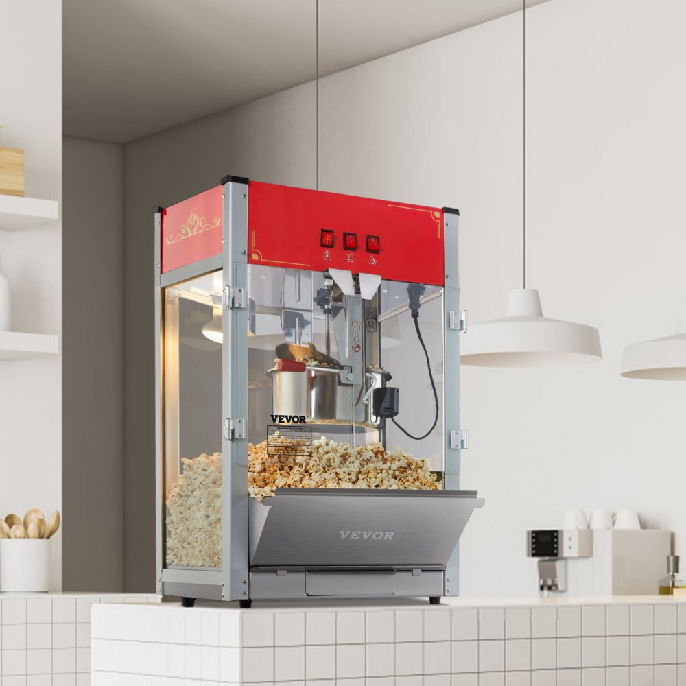 Máquina para hacer palomitas de maíz VEVOR en un entorno de cocina con iluminación moderna y encimera blanca.