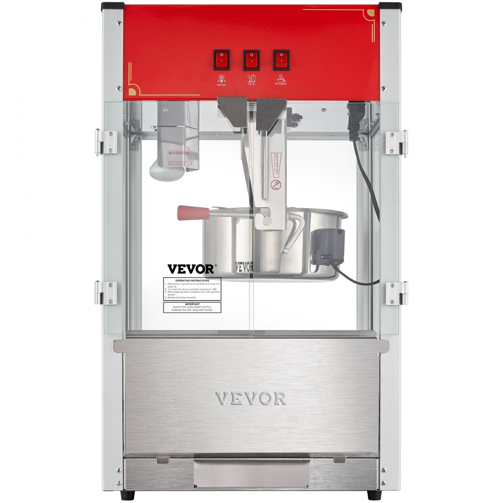 Máquina para hacer palomitas de maíz VEVOR con diseño de acero inoxidable, cubierta superior roja y tres interruptores de control.