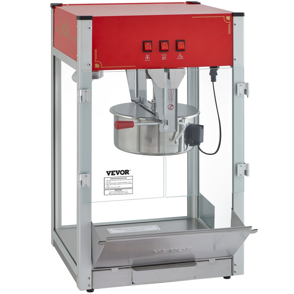 Máquina para hacer palomitas de maíz VEVOR con tapa roja, olla de acero inoxidable y tres interruptores de control.