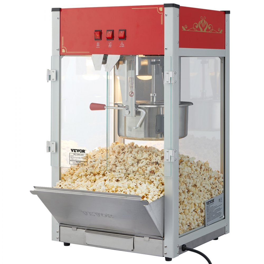 Máquina para hacer palomitas de maíz VEVOR con interior de acero inoxidable y carcasa de cristal llena de palomitas de maíz frescas.