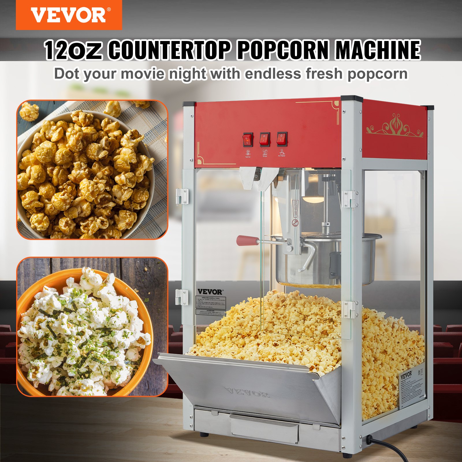 Máquina para hacer palomitas de maíz VEVOR que muestra palomitas de maíz recién hechas y diferentes variedades de palomitas de maíz.