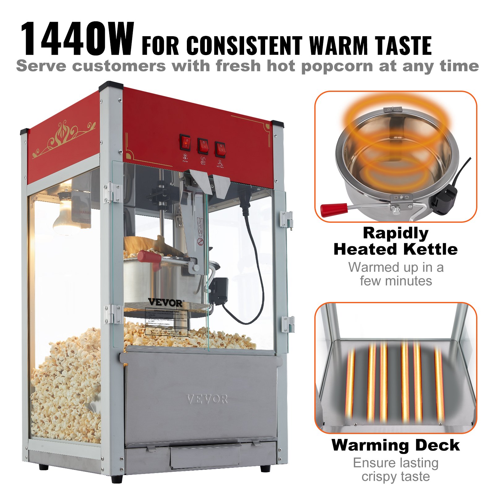 Máquina para hacer palomitas de maíz VEVOR con 1440 W de potencia, hervidor calentado y plataforma de calentamiento para palomitas de maíz frescas y calientes.