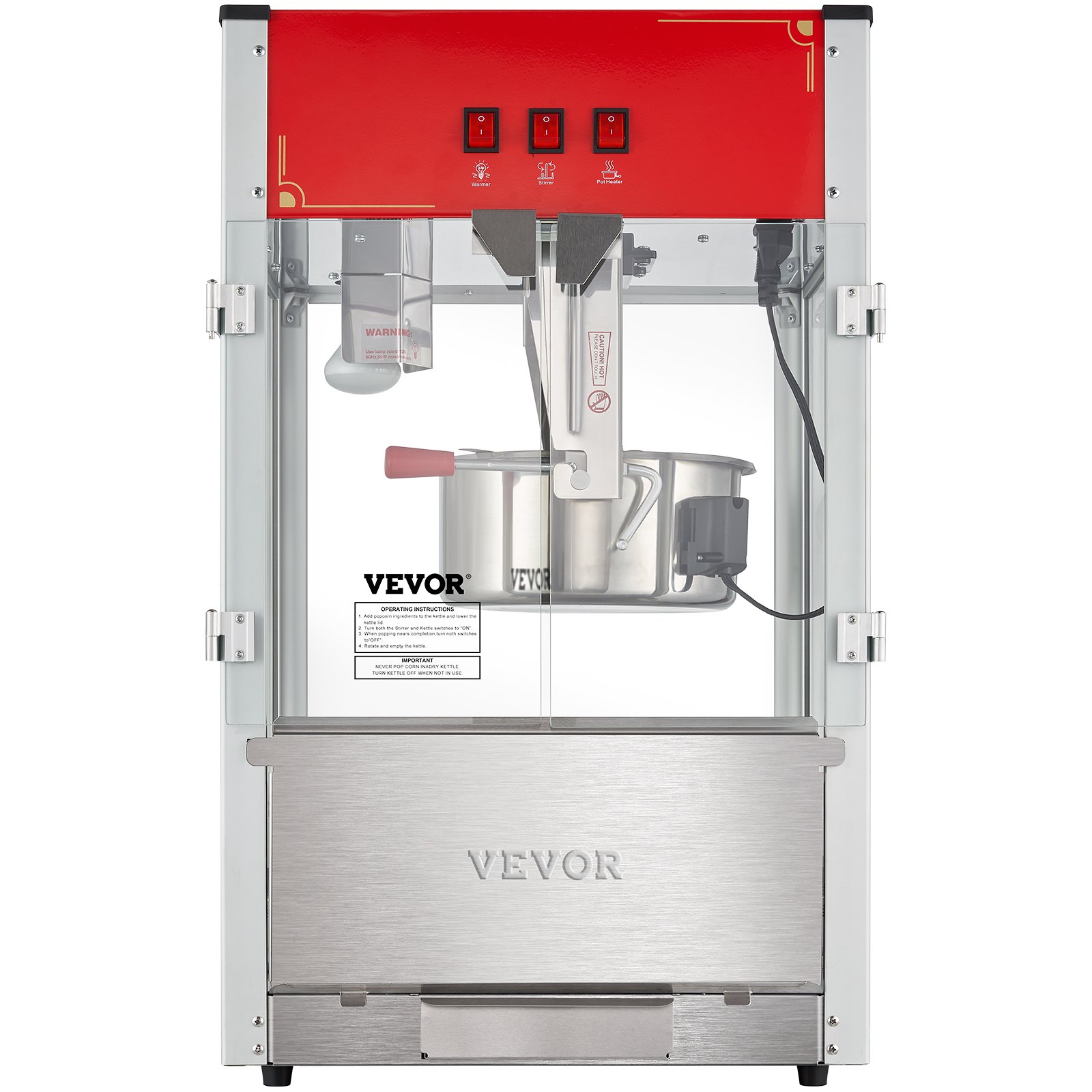 Máquina para hacer palomitas de maíz VEVOR con diseño de acero inoxidable, cubierta superior roja y tres interruptores de control.