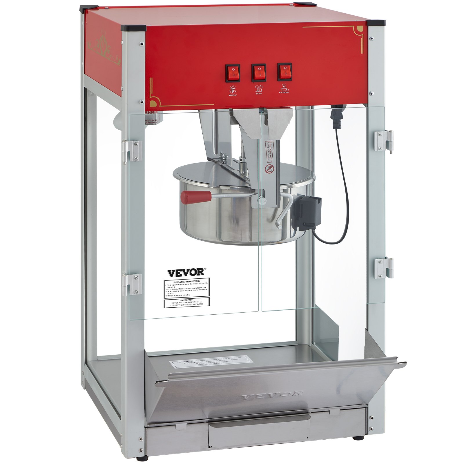 Máquina para hacer palomitas de maíz VEVOR con tapa roja, olla de acero inoxidable y tres interruptores de control.