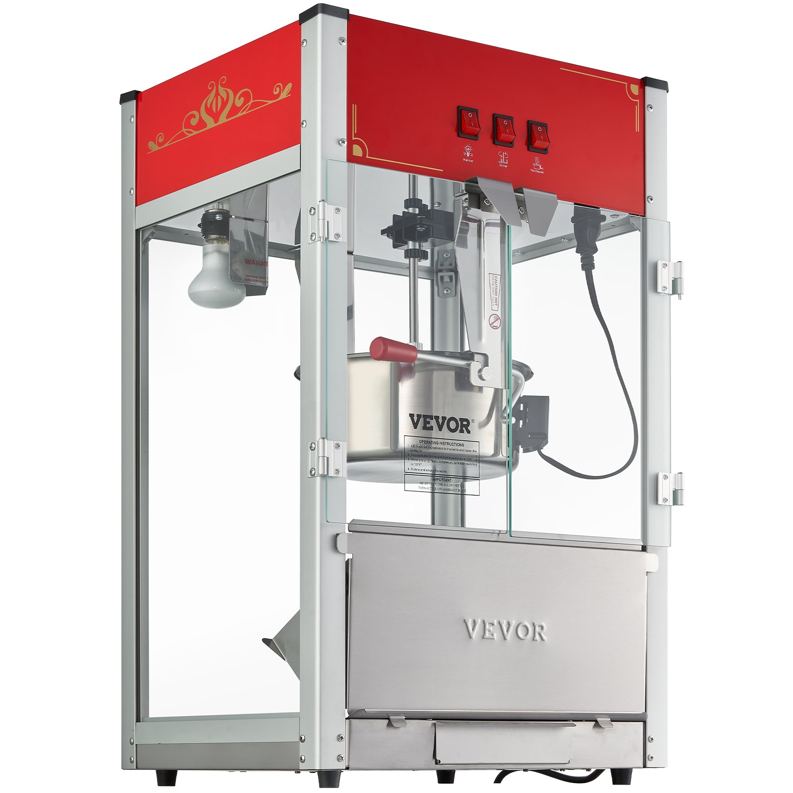 Máquina para hacer palomitas de maíz VEVOR con tapa roja, laterales de vidrio y componentes de acero inoxidable.