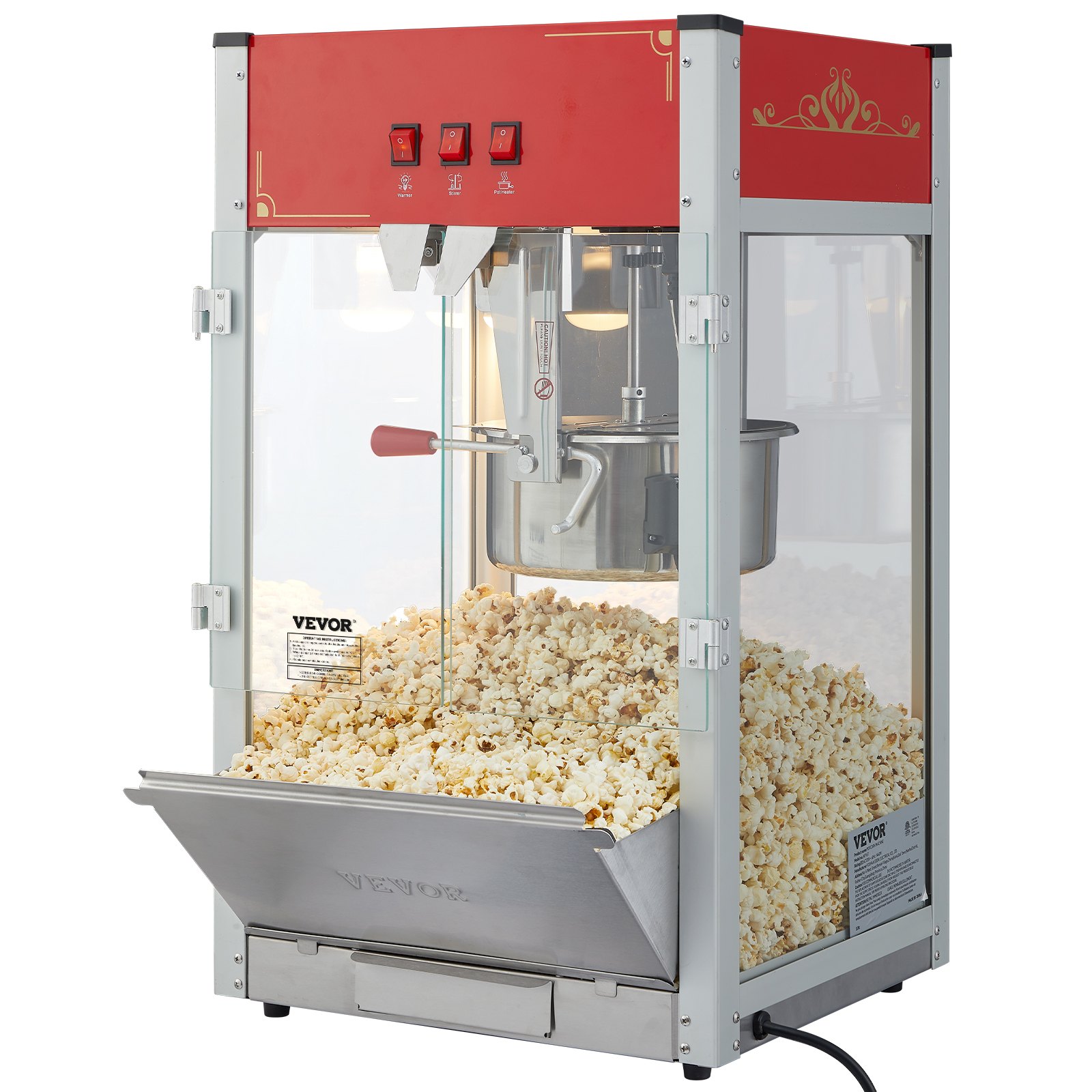 Máquina para hacer palomitas de maíz VEVOR con interior de acero inoxidable y carcasa de cristal llena de palomitas de maíz frescas.