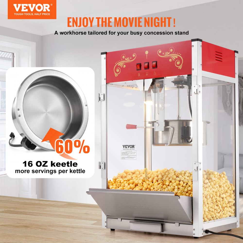 Máquina para hacer palomitas de maíz VEVOR de 1615 W, hervidor de 473 ml, gran capacidad, para encimera, con vidrio templado, incluye 3 palas de acero inoxidable, estilo cine, color rojo
