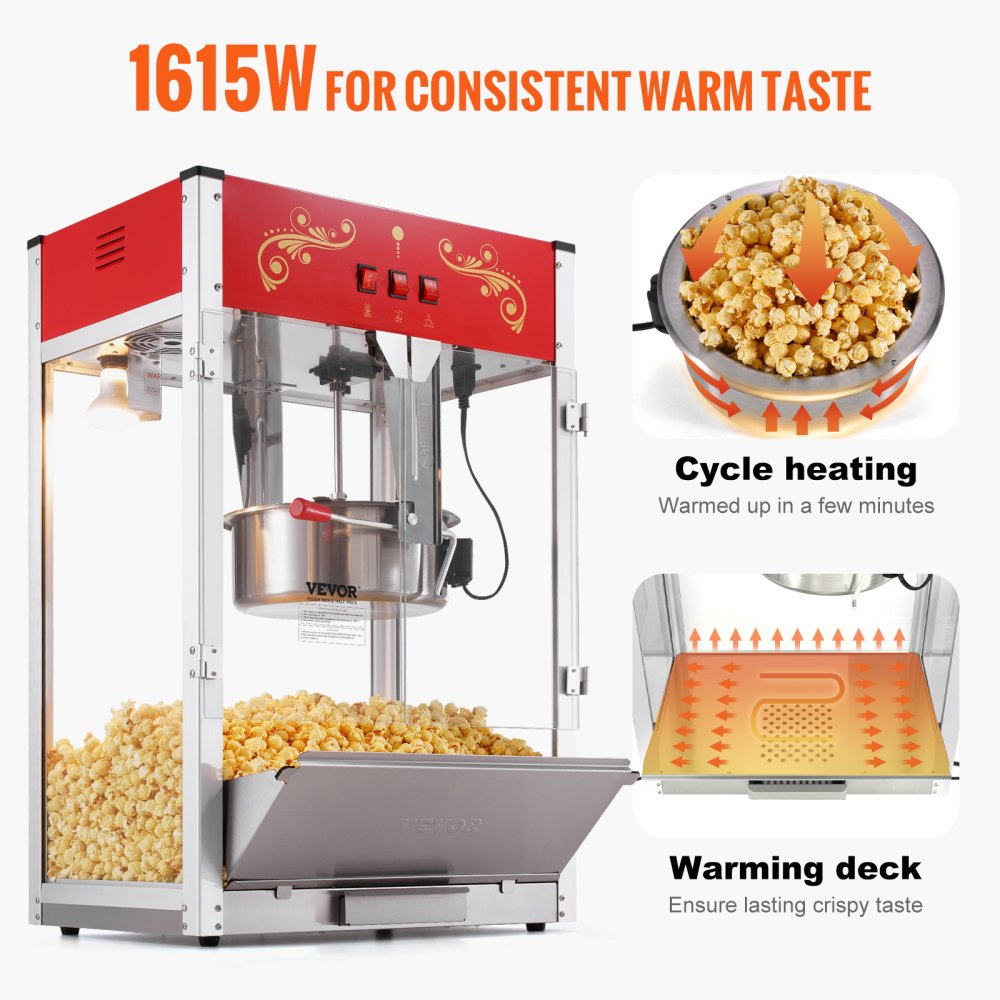Máquina para hacer palomitas de maíz VEVOR de 1615 W, hervidor de 473 ml, gran capacidad, para encimera, con vidrio templado, incluye 3 palas de acero inoxidable, estilo cine, color rojo