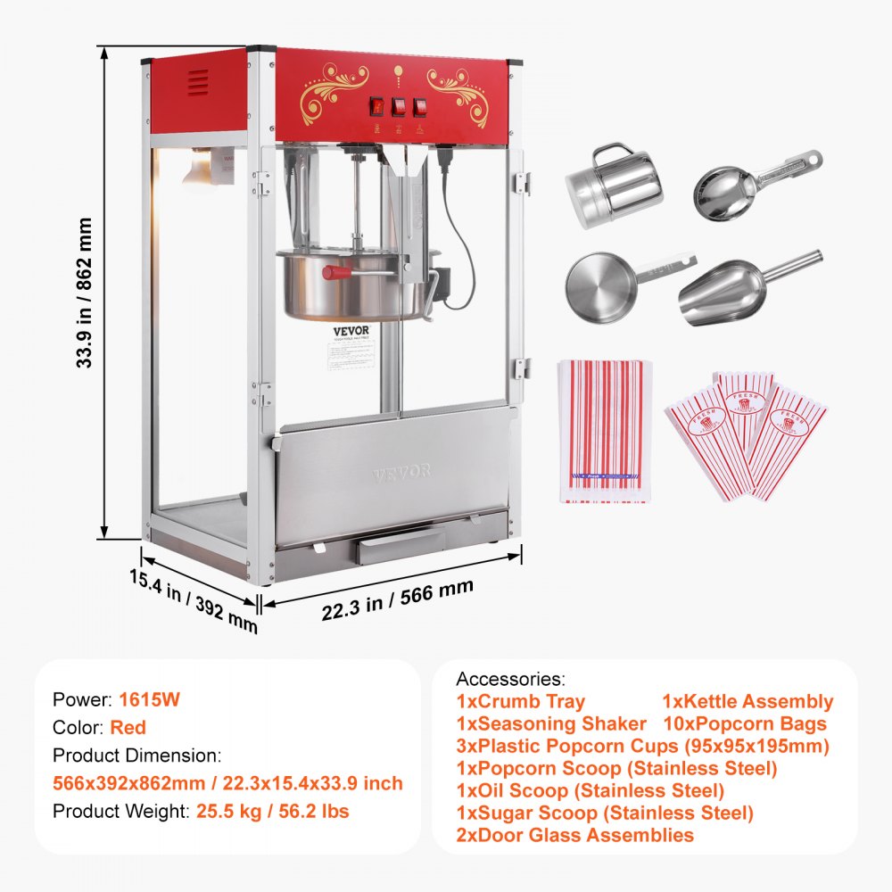 Máquina para hacer palomitas de maíz VEVOR de 1615 W, hervidor de 473 ml, gran capacidad, para encimera, con vidrio templado, incluye 3 palas de acero inoxidable, estilo cine, color rojo