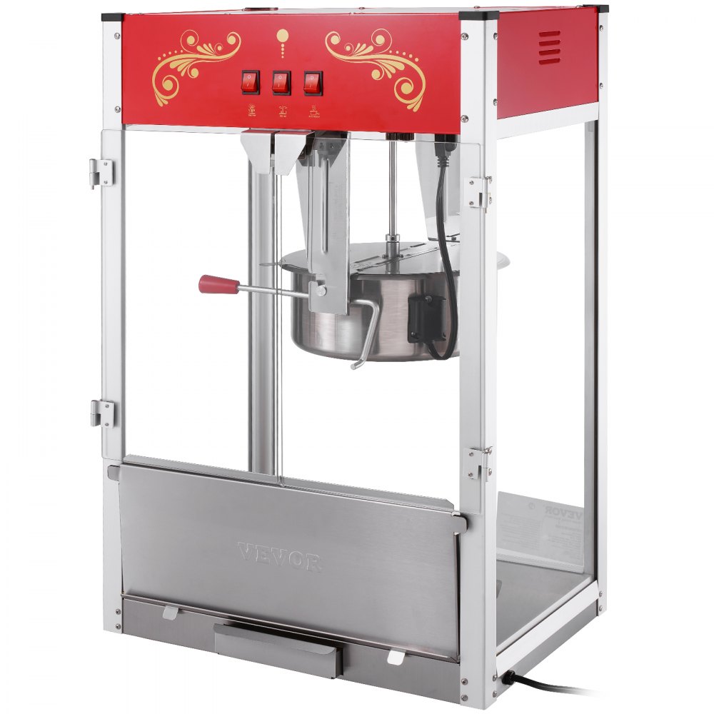 Máquina para hacer palomitas de maíz VEVOR de 1615 W, hervidor de 473 ml, gran capacidad, para encimera, con vidrio templado, incluye 3 palas de acero inoxidable, estilo cine, color rojo