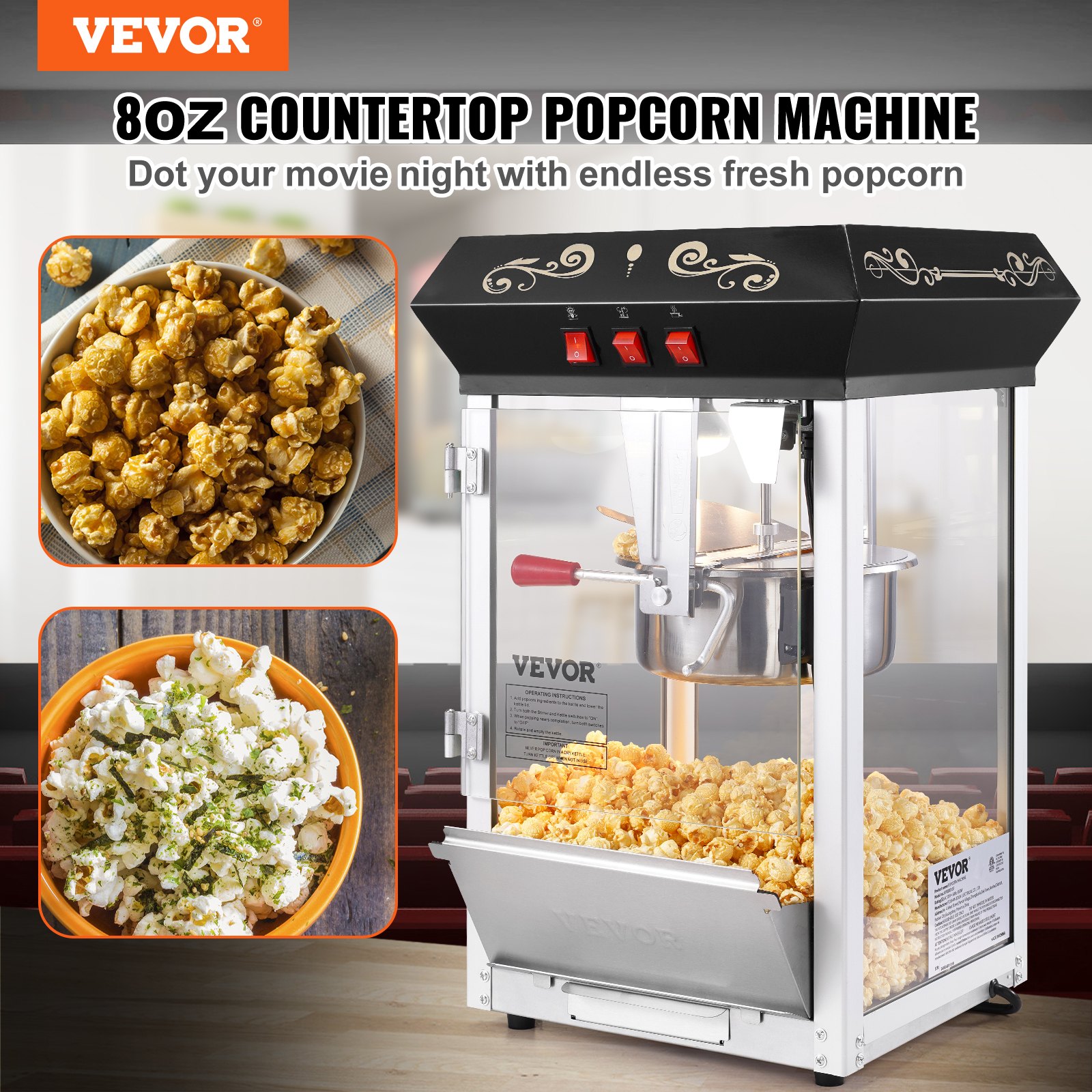 Máquina para hacer palomitas VEVOR de 850 W, hervidor de 226 ml (8 oz), 48 tazas por tanda, para encimera con vidrio templado, incluye 4 palas, estilo cine, color negro