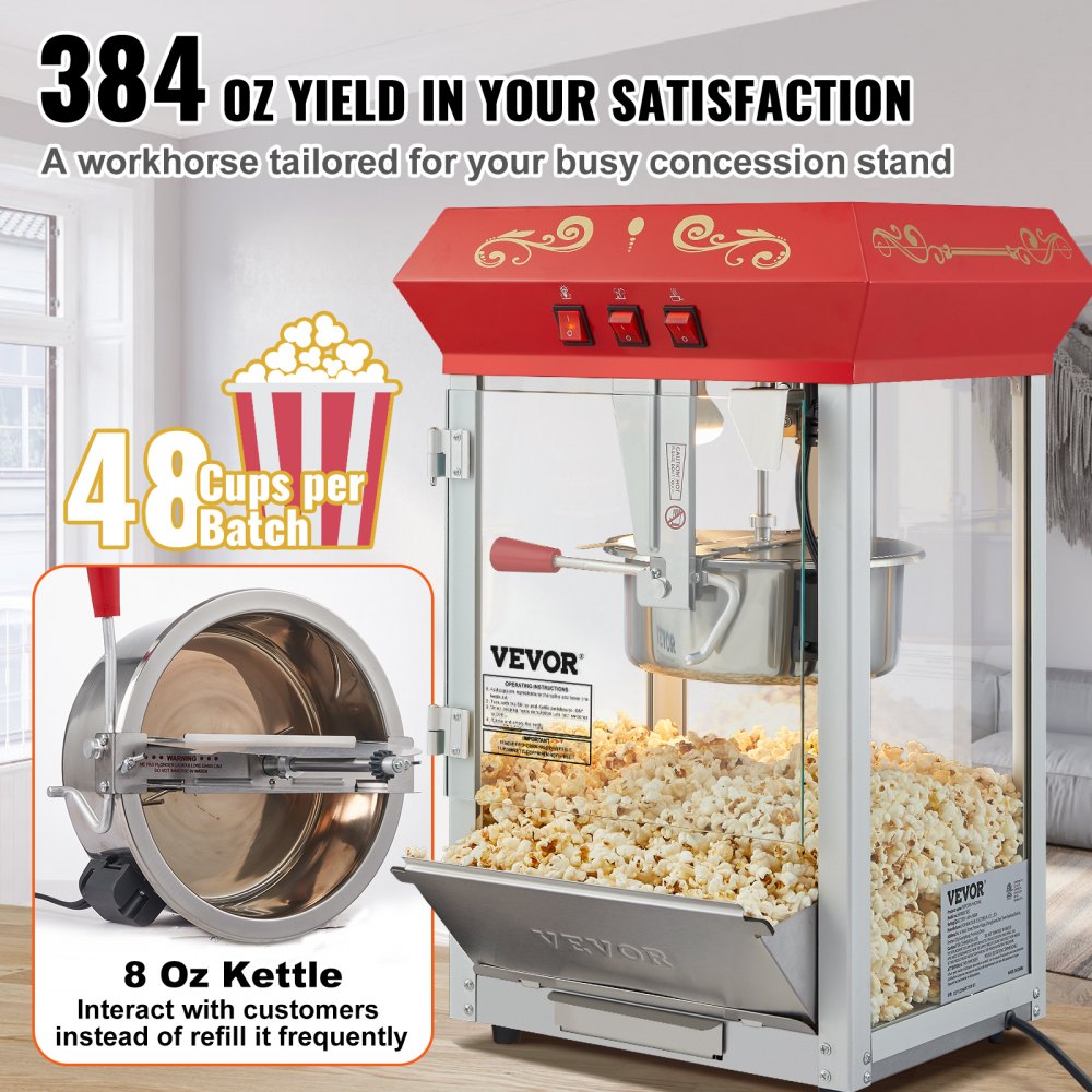 Máquina para hacer palomitas de maíz VEVOR, 48 tazas por lote con un hervidor de 8 oz, que produce 384 oz de palomitas de maíz.