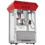 Máquina para hacer palomitas de maíz VEVOR con tapa roja, piezas de acero inoxidable y paredes de vidrio transparente.