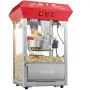 Máquina para hacer palomitas de maíz VEVOR con tapa roja, hervidor de acero inoxidable y palomitas de maíz frescas en el interior.